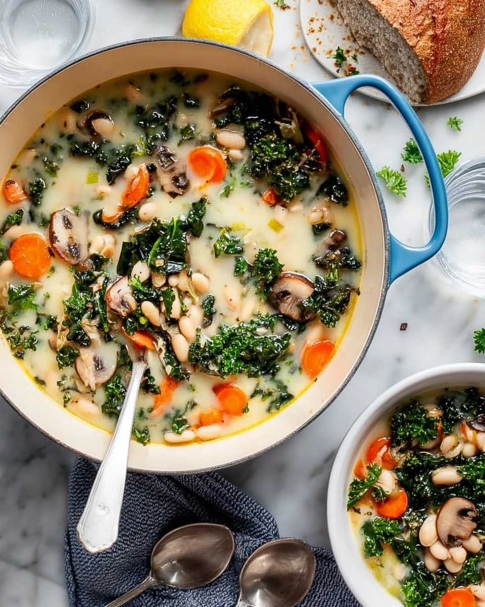A round blue pot filled with a creamy light beige soup that has visible layers of dark green leafy kale, thin light brown mushroom slices, small orange carrot chunks, and pieces of light green celery floating throughout. A silver spoon rests inside the pot showing a mix of ingredients on its surface. The pot sits on a white marbled surface next to a white bowl partially visible with some of the soup in it, and a white textured cloth nearby. photo taken with an iphone --ar 4:5 --v 7