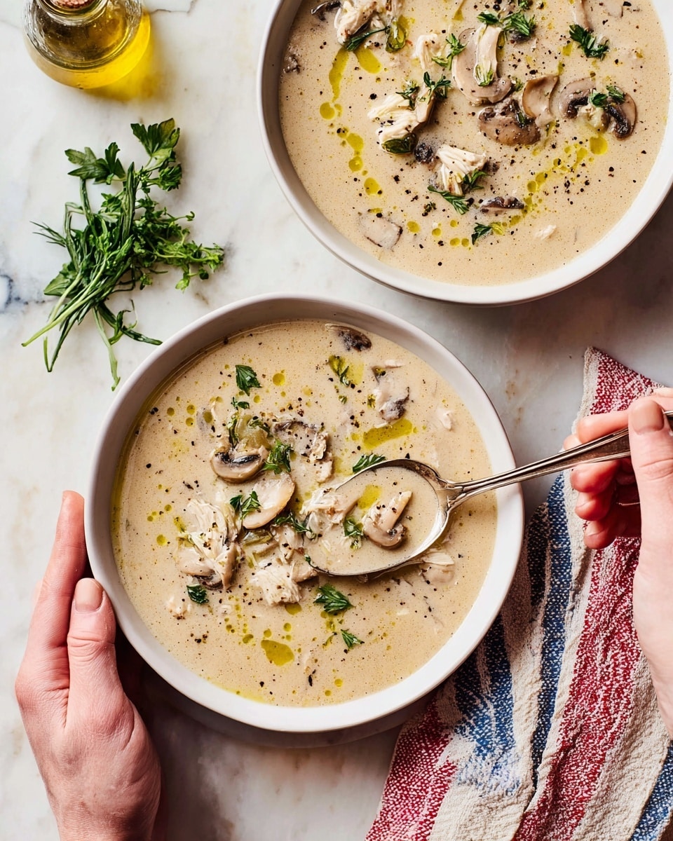 A white bowl filled with creamy beige mushroom soup showing soft, round mushroom slices throughout. The surface of the soup has a few drops of green olive oil and dollops of white cream, sprinkled with small green herb leaves and cracked black pepper. A woman's hand is holding the bowl on the left side, while another woman's hand is holding a spoon with a silver head and wooden handle, slightly dipping into the soup on the right side. The bowl sits on a white marbled surface with some green herb sprigs scattered nearby. photo taken with an iphone --ar 4:5 --v 7