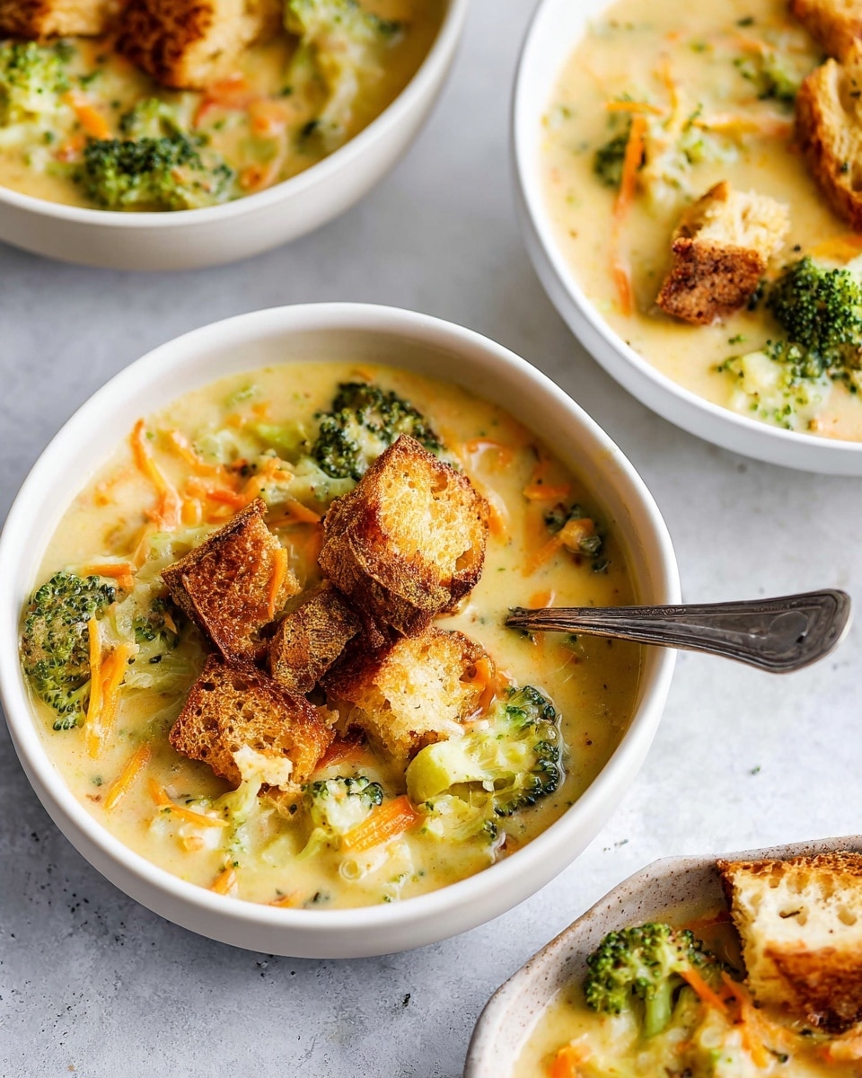 The image shows a white bowl filled with creamy broccoli soup. The soup has a light yellow color, with visible green broccoli florets and thin orange carrot strips mixed in. On top, there are crispy torn pieces of toasted bread that add texture. A silver spoon is partly dipped into the soup, resting on the edge of the bowl. The bowls are placed on a white marbled surface. The scene is bright and inviting, with a cozy, homemade feel. photo taken with an iphone --ar 4:5 --v 7