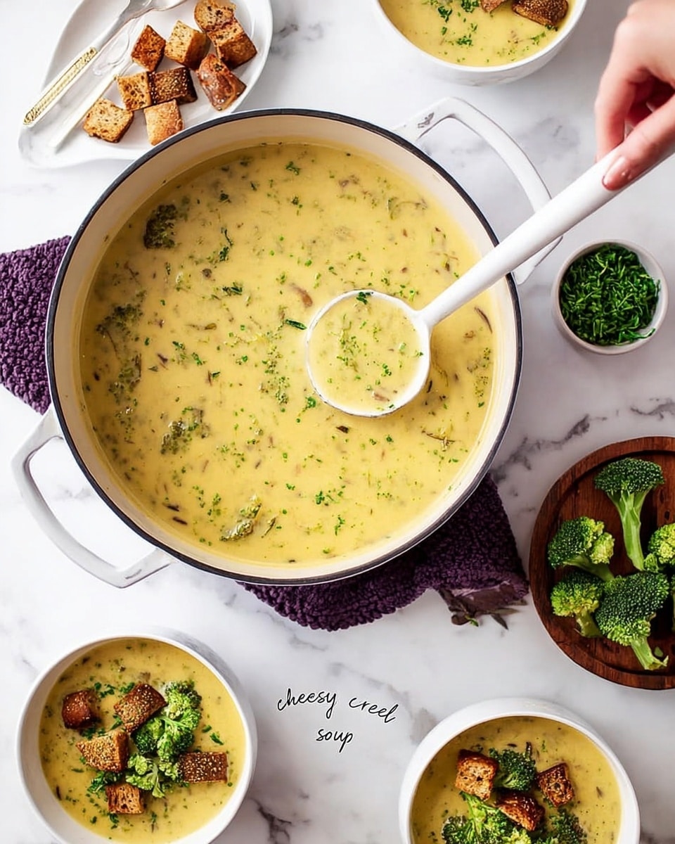 A large white pot filled with creamy yellow soup with small green broccoli pieces mixed inside. A white ladle is scooping soup from the pot. On a white marbled surface, there are two white bowls; one bowl has the same soup topped with small green broccoli florets and brown toasted bread cubes, and the other holds a bright green chopped herb. Next to the bowls, there is a small wooden plate holding fresh green broccoli and brown toasted bread pieces. The scene shows a cozy kitchen setup with a white marbled background and a dark purple loom pad under the pot. A woman's hand is holding the ladle. A small handwritten text reads