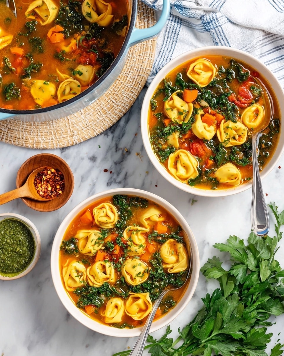 A bright blue pot filled with a tomato soup showing three main layers: at the bottom, a deep red broth with a slightly chunky texture from diced tomatoes; the middle layer has yellow tortellini pasta floating throughout; the top layer features scattered dark green spinach leaves adding color contrast. Around the pot, there is fresh green parsley on the white marbled surface, a white bowl of green pesto with a wooden spoon on the upper side, and a small wooden bowl of red pepper flakes. The soup pot sits on a white marbled surface with a striped cloth nearby. Photo taken with an iphone --ar 4:5 --v 7