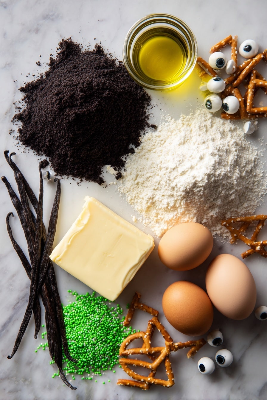 Flat lay of rich, dark Devil’s Food cake mix powder in a small mound, two large brown eggs with smooth shells, a small glass jar of golden canola oil catching light, soft pale yellow unsalted butter block, fluffy white powdered sugar softly spilled beside it, fresh vanilla bean pods with glossy black seeds visible, vibrant green sprinkles glistening next to round candy eyeballs with white and black details, crunchy golden pretzel sticks broken in half, all neatly arranged with contrasting colors and textures, placed on white marbled surface, photo taken with an iphone --ar 2:3 --v 7 - Cauldron Cookie Cups, Halloween cookie treats, chocolate cookie cups, festive dessert ideas, spooky party desserts