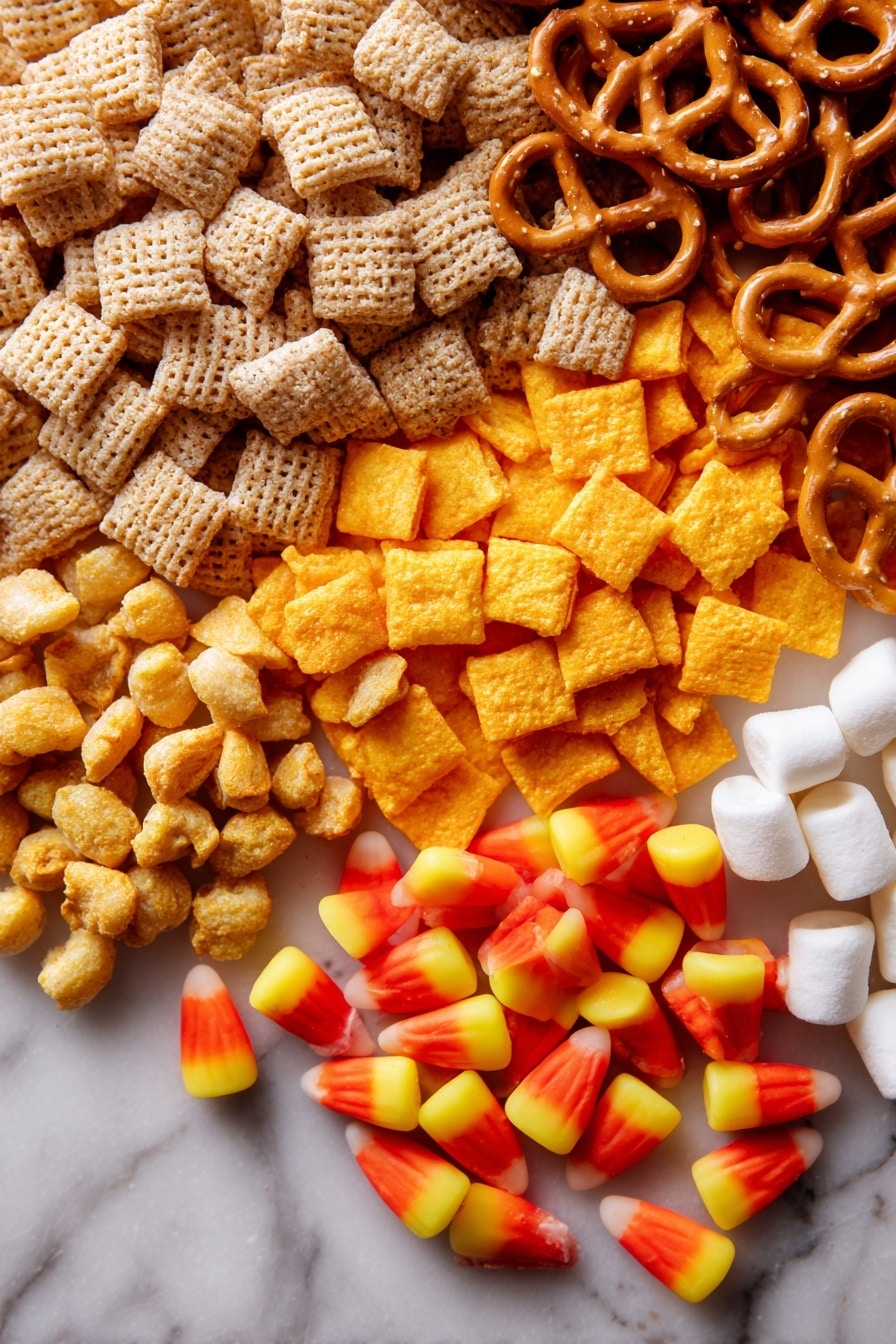 Flat lay of golden peanut butter corn cereal squares with a crunchy texture, light brown wheat cereal squares with a subtle sheen, tiny twisted mini pretzels in warm brown tones, bright orange cheddar cheese crackers with a slightly rough surface, glossy honey nut o’s cereal in soft golden hues, small white fluffy mini marshmallows, vibrant yellow and orange candy corn with smooth candy coating, and colorful peanut butter candy pieces in shades of red, orange, and yellow, all naturally scattered and overlapping in a casual, inviting way, placed on white marbled surface, photo taken with an iphone --ar 2:3 --v 7 - Sweet and Salty Fall Snack Mix, fall snack mix, easy autumn snacks, sweet savory snack recipes, crunchy fall treats