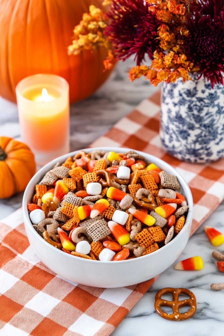 Two clear glass jars with wooden lids are filled with a mix of small snack pieces. Inside the jars, there are orange, yellow, and white candy pieces, small white soft chunks, brown pretzels, square orange crackers, and light brown cereal squares mixed with textured brown chips. One jar stands on a white marbled surface near the lower right side, while a second jar is held by a woman's hand on the left side. Behind the jars, there is a white vase with blue floral patterns holding a bouquet of colorful flowers in shades of red, orange, green, and purple. The background is softly blurred, with warm and cozy tones. photo taken with an iphone --ar 2:3 --v 7 - Sweet and Salty Fall Snack Mix, fall snack mix, easy autumn snacks, sweet savory snack recipes, crunchy fall treats