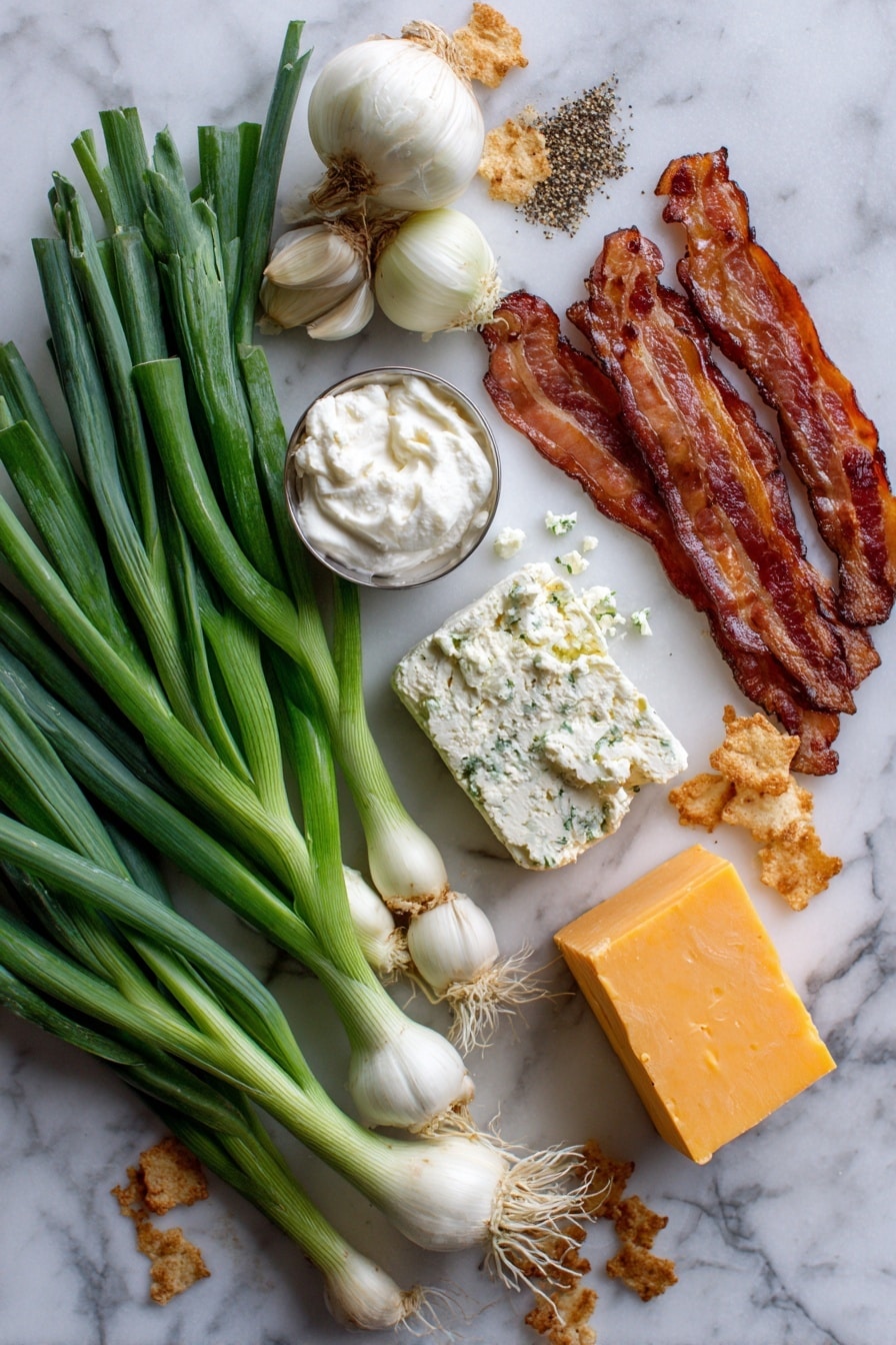 Flat lay of fresh scallions with vibrant green stalks and white bulbs, several crispy cooked bacon strips with rich reddish-brown tones, a block of sharp cheddar cheese with a bright orange color and crumbly texture, a smooth block of cream cheese with its creamy white surface, a small bowl of sour cream showing thick and glossy texture, fresh horseradish root with a rough pale skin and leafy green tops, a sprinkle of Everything But the Bagel seasoning featuring black poppy seeds, white sesame seeds, dried onion flakes, and garlic pieces scattered artfully, and a few golden-brown bagel chips with a crispy texture, all beautifully arranged in a natural, slightly overlapping composition placed on white marbled surface, photo taken with an iphone --ar 2:3 --v 7 - Everything Bagel Cheeseball, cheesy appetizer, savory snack, party dip, easy cheeseball recipe