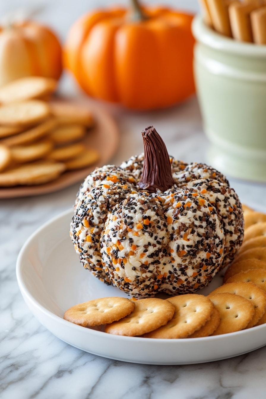 A small round ball covered in a mix of black, white, and brown seeds and spices sits on a white plate, with more of the seed mix scattered around its base. On top of the ball is a long light brown piece shaped like a pumpkin stem, with ridges running vertically. A woman's hand is holding the stem at the top, lifting the ball slightly. The background and surface have a soft, white marbled texture. photo taken with an iphone --ar 2:3 --v 7 - Everything Bagel Cheeseball, cheesy appetizer, savory snack, party dip, easy cheeseball recipe