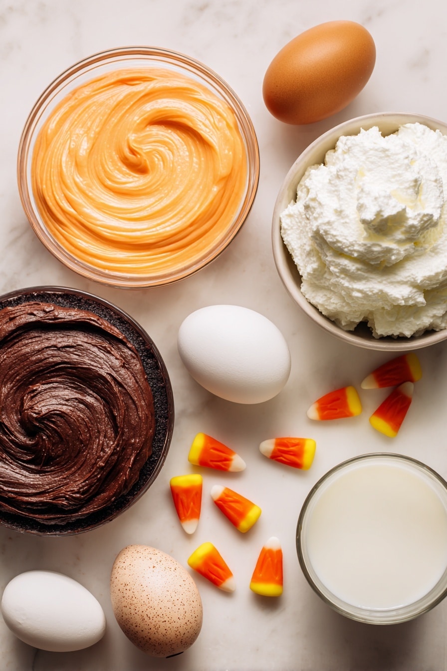 Flat lay of bright orange tinted cupcake batter swirled in small dollops, rich dark chocolate cake batter with a deep brown color and glossy texture, vibrant orange paste food coloring in a small smear, plump golden-yellow and orange candy corn pieces with smooth shiny surfaces, fluffy white frozen whipped topping with soft peaks, two large brown-speckled eggs, a smooth white carton of sour cream with creamy texture visible, and a small glass of pale 2% milk showing its cool freshness, all beautifully arranged with natural shadows and highlights, placed on white marbled surface, photo taken with an iphone --ar 2:3 --v 7 - Chocolate Candy Corn Cupcakes, Halloween Cupcakes, festive cupcake recipe, fall-themed cupcakes, easy chocolate cupcake recipes