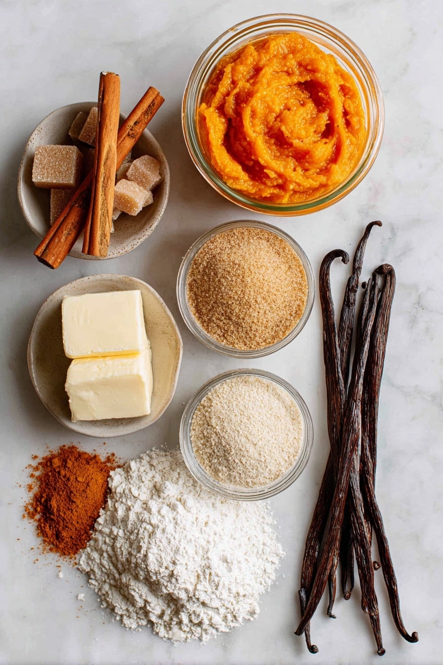 Flat lay of vibrant orange pumpkin puree in a small glass jar, soft golden vegan butter blocks with creamy texture, warm brown sugar crystals in a small pile, bright white powdered sugar dusted lightly, rich cinnamon sticks with reddish-brown tones, a scattering of pumpkin pie spice powder in soft earthy hues, pale beige all-purpose flour forming a small mound, and smooth vanilla beans with shiny dark brown pods all beautifully arranged with natural spacing and soft shadows, placed on white marbled surface, photo taken with an iphone --ar 2:3 --v 7 - Soft Pumpkin Cookies with Cinnamon Frosting, pumpkin cookies, fall dessert recipes, cinnamon frosting ideas, tender pumpkin treats