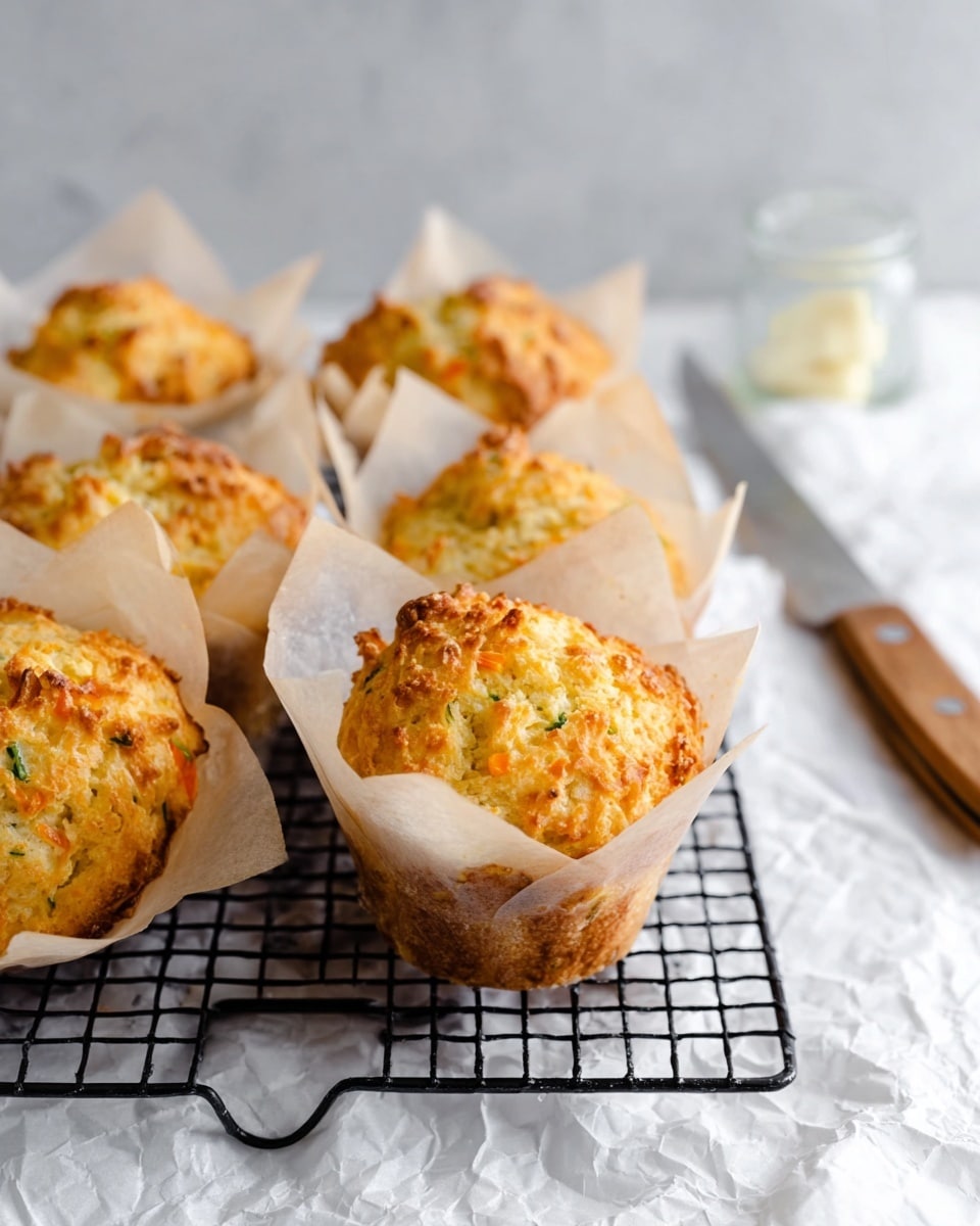 There are several golden-brown muffins with a rough, slightly bumpy top texture sitting on a black metal cooling rack, each wrapped in thin, semi-transparent parchment paper that rises above the muffins like petals. The muffins show small bits of green and orange inside, suggesting vegetables or herbs mixed in. The cooling rack sits on a white marbled surface, slightly crumpled white parchment paper underneath. In the foreground, part of a wooden-handled knife lies on the white marbled surface, slightly out of focus, and in the blurred background, a small clear container is visible. Photo taken with an iphone --ar 4:5 --v 7