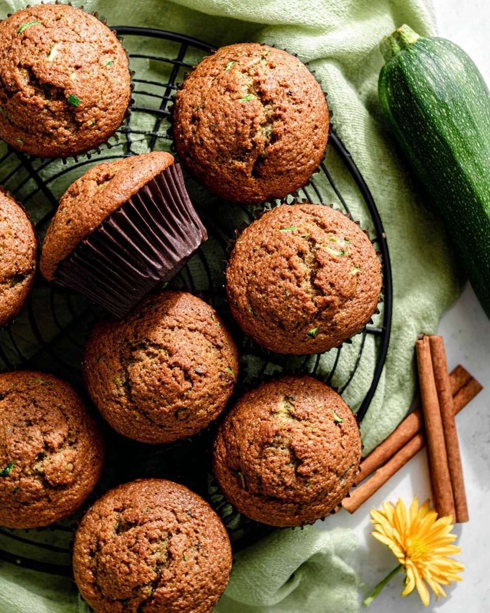 The image shows a group of nine brown zucchini muffins with cracked tops revealing specks of green zucchini inside, arranged closely on a black cooling rack. One of the muffins is turned on its side, showing a dark brown paper liner. The scene includes a green zucchini near the top right, a soft green cloth draped on the right side, and two cinnamon sticks resting on the white marbled surface. There is also a small yellow flower near the cloth. The lighting highlights the texture and color of the muffins, giving a warm and fresh feeling. photo taken with an iphone --ar 4:5 --v 7