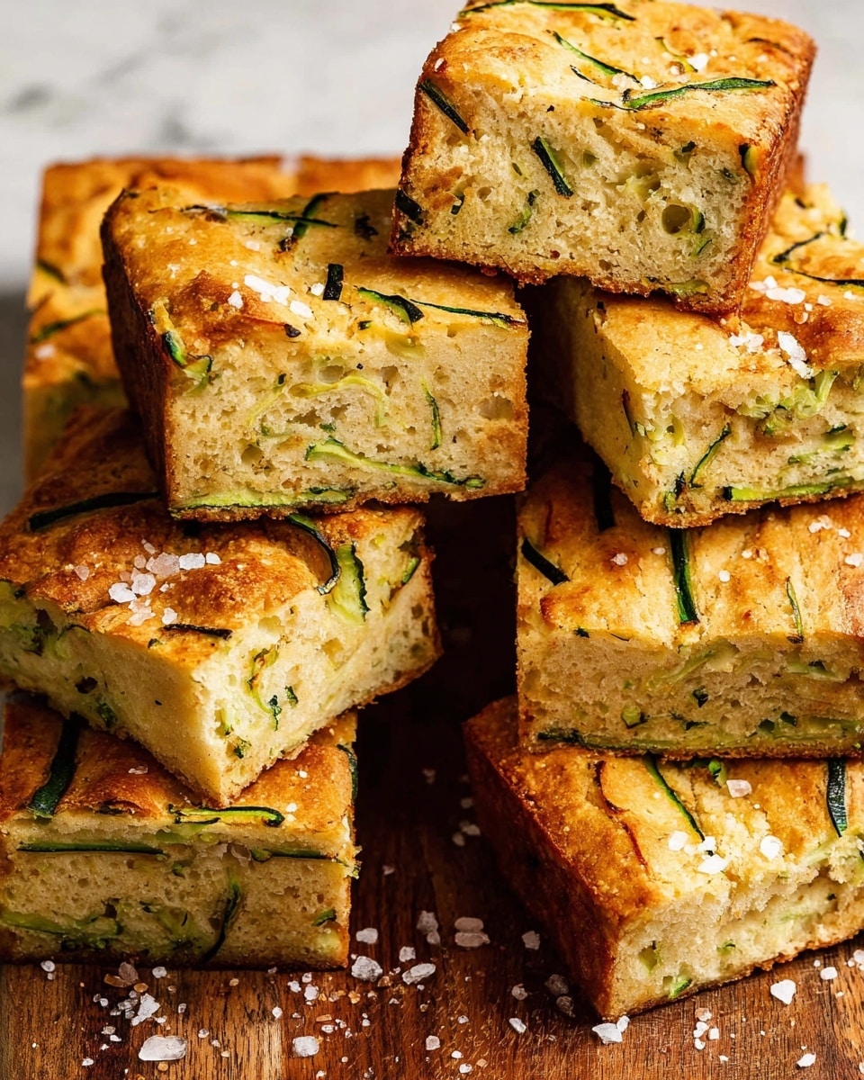 The image shows several thick square pieces of zucchini bread stacked on a wooden board. The bread has a light golden-brown crust with visible thin green zucchini strips baked on the top and sides. The inside of the bread is fluffy and soft with green specks of zucchini evenly distributed throughout. Coarse salt is sprinkled on and around the bread pieces, adding texture and detail to the presentation. The background is a white marbled surface. photo taken with an iphone --ar 4:5 --v 7