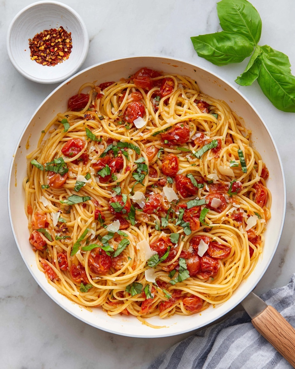 A white pan filled with spaghetti mixed with bright red cooked cherry tomatoes and topped with fresh green basil leaves and thin shavings of pale yellow cheese. The spaghetti noodles are long and twisted, evenly coated with tomato sauce, creating a mix of soft textures and vibrant colors throughout. To the upper left, there is a small white bowl holding crushed red pepper flakes, and on the upper right, two whole basil leaves rest on a white marbled surface. Part of a light wooden utensil handle is visible at the bottom right corner. photo taken with an iphone --ar 4:5 --v 7