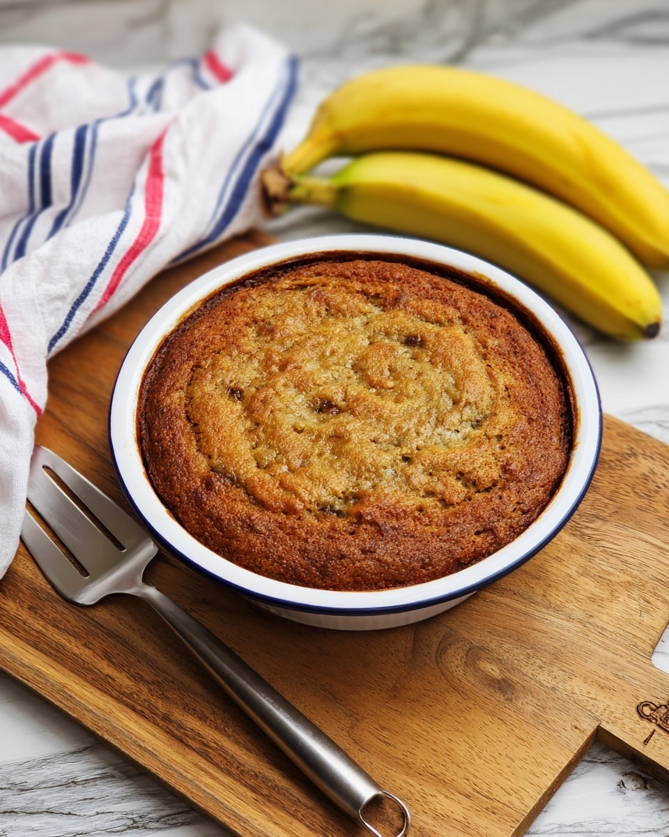 A round, single-layer banana cake with a rough, brown, and slightly crispy top is placed in a white dish with a thin blue rim. The cake looks soft inside with a textured surface showing small dark spots. Next to the dish, on a wooden board, are two whole yellow bananas with some brown marks. A silver metal spatula with a black handle rests beside the dish. The background shows a white marbled texture and a white cloth with red and blue stripes partly visible. photo taken with an iphone --ar 4:5 --v 7
