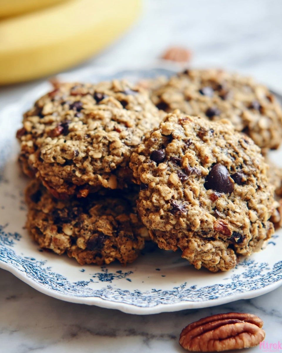 The image shows two large oatmeal cookies on a white plate with blue patterns around the edge. The cookies are thick and textured, filled with dark chocolate chips and small pieces of nuts visible throughout. The background is a white marbled surface, and there is a blurred yellow banana in the background. A few pecan nuts are placed near the plate, adding a natural touch. The lighting is soft and natural, highlighting the uneven, homemade texture of the cookies. Photo taken with an iphone --ar 4:5 --v 7