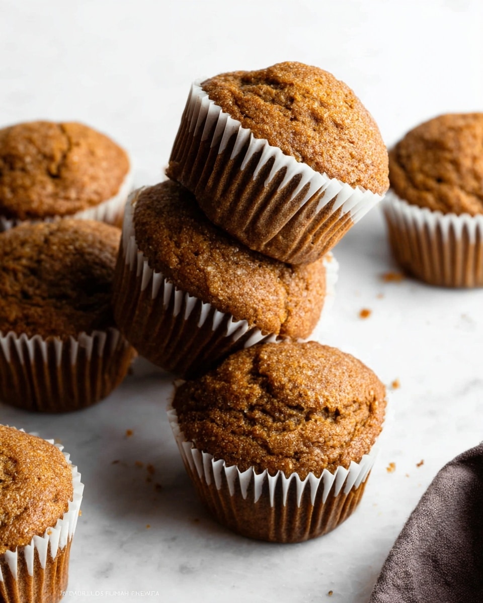 Several brown muffins with a slightly cracked and rough top texture are placed directly on a white marbled surface. One muffin has its white paper liner partially peeled off and loosely spread around it, showing the muffin's soft crumb inside. The muffins have a warm, golden-brown color and appear moist and fluffy. The arrangement is casual, with muffins scattered across the surface, and a bit of a dark cloth visible in the lower right corner. photo taken with an iphone --ar 4:5 --v 7