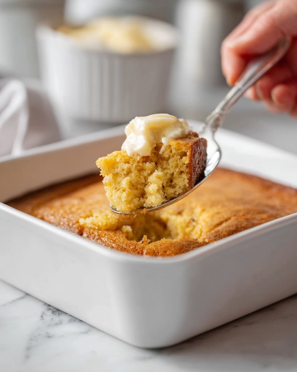 A white bowl holds a dessert with two layers: the bottom layer is a brown, soft cake square placed at the back of the bowl, and on top front is a light cream dollop with smooth swirled peaks, speckled with tiny vanilla dots. The bowl sits on a white marbled surface with a silver spoon nearby and some yellow bananas blurred in the background on the left. Photo taken with an iphone --ar 4:5 --v 7