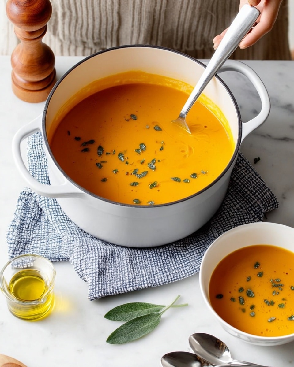 A white pot filled with smooth orange soup topped with small green herb pieces, sitting on a white marbled surface with a blue and white checkered cloth partially under it. In the top right corner, a white bowl with the same orange soup is shown with a small silver spoon inside. Nearby, there is a small glass container with oil, a wooden pepper grinder, and three green sage leaves on the white marbled surface. Two silver spoons rest on the surface near the pot. The whole scene is bright and clean, focusing on the warm soup and fresh herbs. photo taken with an iphone --ar 4:5 --v 7