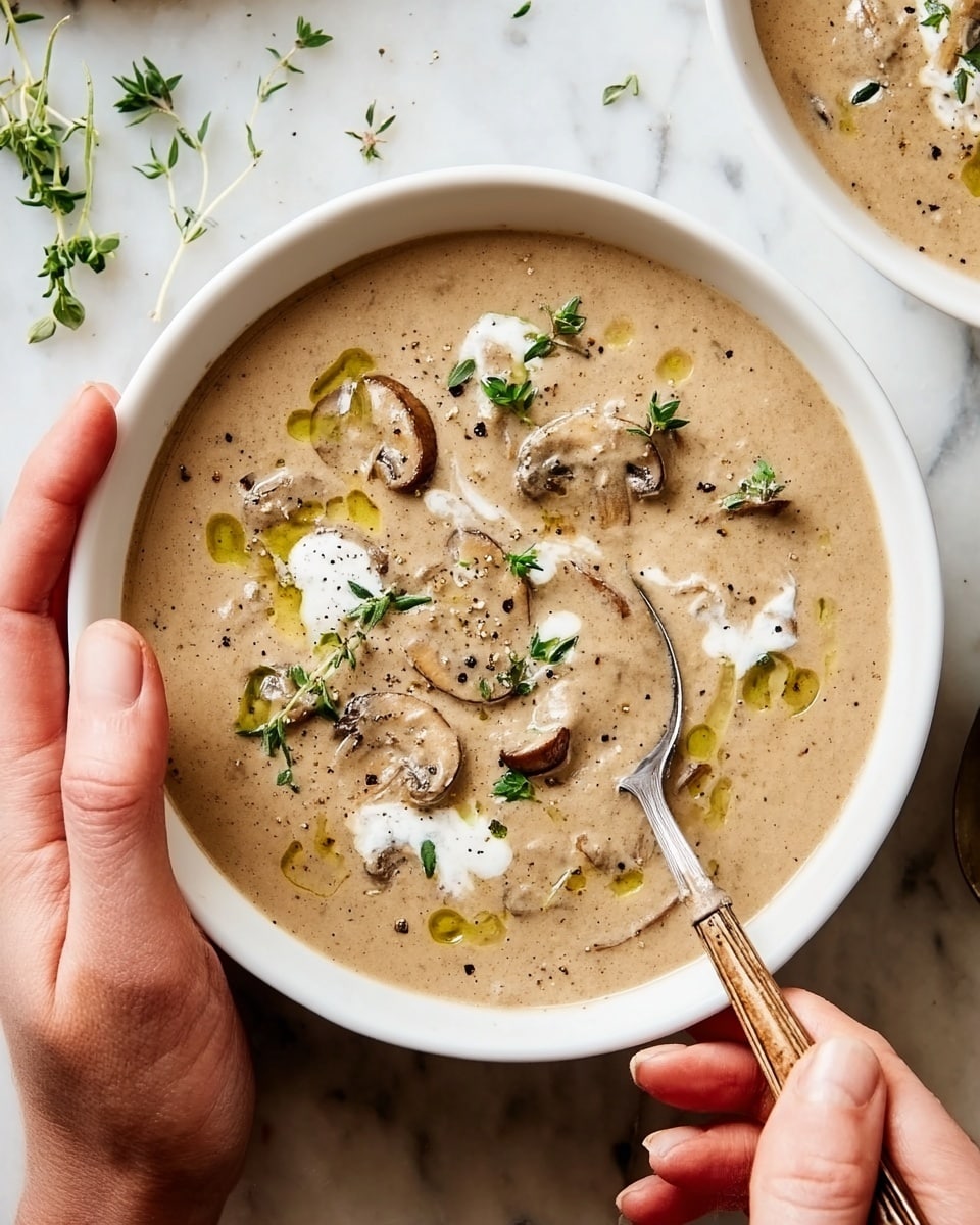 A white bowl filled with creamy tan mushroom soup that has visible slices of light brown mushrooms floating on top. The soup has a smooth texture with swirls of cream and small green herb leaves scattered over it, along with a drizzle of olive oil and a sprinkle of black pepper. A woman's hand is holding a spoon with a wooden handle, dipping into the soup, while another woman's hand rests gently on the bowl. The bowl sits on a white marbled surface with some green herb sprigs nearby. photo taken with an iphone --ar 4:5 --v 7