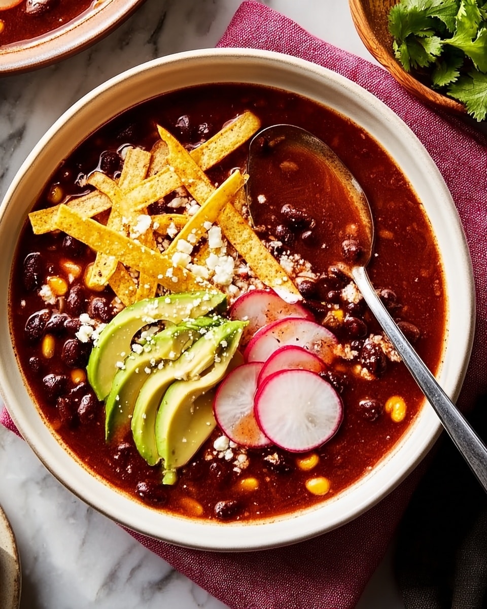 A white bowl filled with a dark red soup made of black beans and corn, with a thick, slightly chunky texture. On one side of the bowl, there are thin, crispy yellow tortilla strips layered on top of the soup, along with thin slices of light green avocado and several round, thin slices of pale pink radish with a white center. Small crumbles of white cheese are sprinkled over the avocado and tortilla strips. A silver spoon rests inside the bowl, partially submerged in the soup. The bowl is placed on a pink cloth on a white marbled surface, with some green leafy herbs nearby. photo taken with an iphone --ar 4:5 --v 7