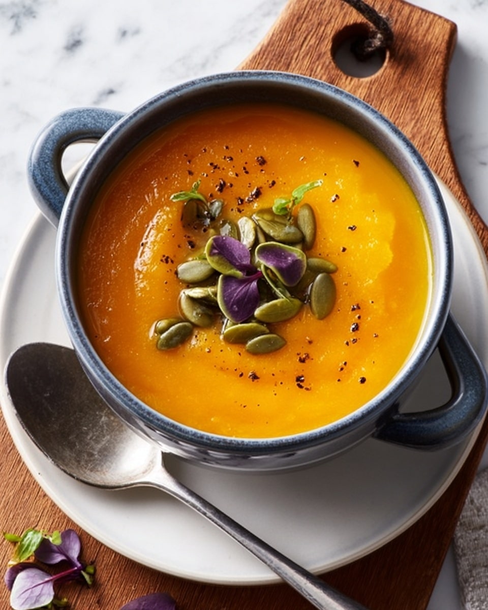 A bowl with two small handles is filled with smooth orange soup that has a thick texture. On top, there are green pumpkin seeds and small purple leaves scattered in the center, with a light drizzle of oil and a sprinkle of black pepper. The bowl is placed on a white plate with a spoon resting on the left side and some more purple leaves spilled near the spoon. The whole setup is on a wooden board with a hook at the top, and the background is a white marbled texture. Photo taken with an iphone --ar 4:5 --v 7