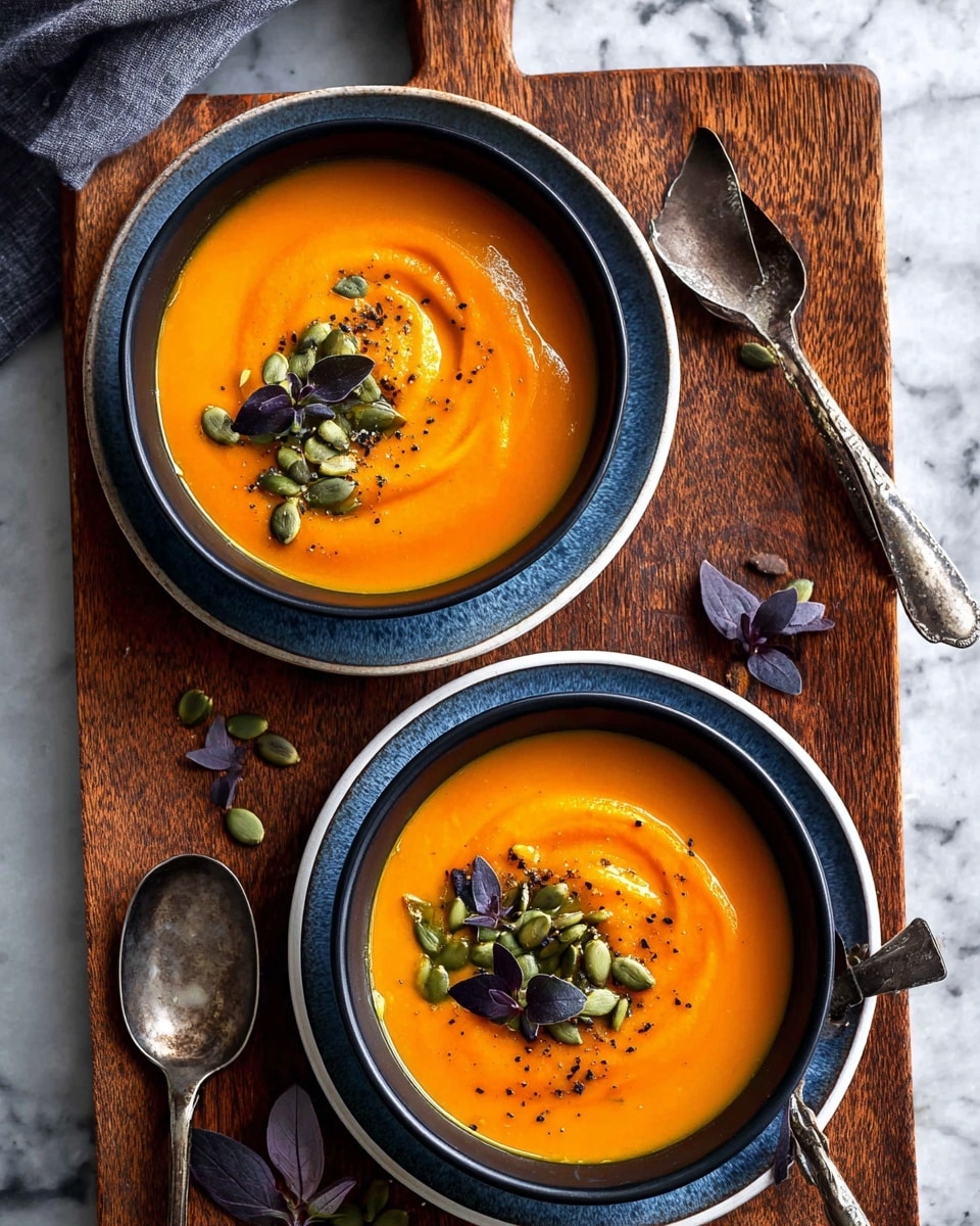 A bowl of bright orange thick soup is shown from above in a white bowl with handles, placed on a matching white plate. The smooth soup surface has small swirls and is topped with a few green pumpkin seeds and tiny purple microgreens. Next to the bowl on the plate, there is a large silver spoon and some extra microgreens are scattered loosely. The background is a white marbled surface with a wooden board partially visible at the edge. photo taken with an iphone --ar 4:5 --v 7