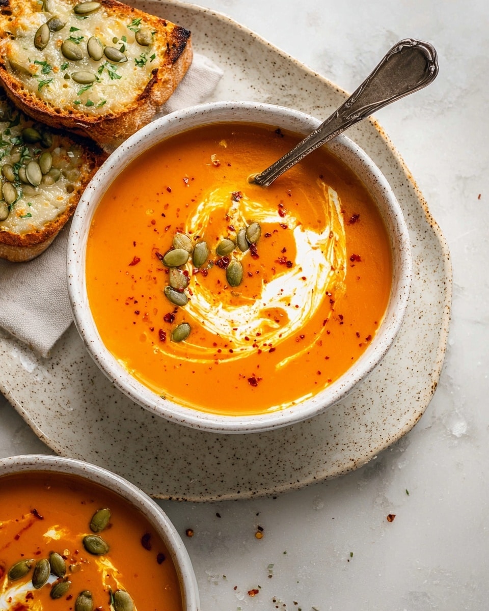 A white bowl filled with bright orange soup, smooth and creamy in texture, with a wooden spoon resting inside partially covered by the soup. On top of the soup are swirls of white cream and a few sprinkled black pepper specks, adding light contrast. The bowl sits on a white marbled surface, accompanied by a slice of rustic bread on the right, a small white dish of green seeds on the top left, and a round wooden board with green sprouts on the bottom left. A blue cloth is partly visible on the right side of the bowl photo taken with an iphone --ar 4:5 --v 7