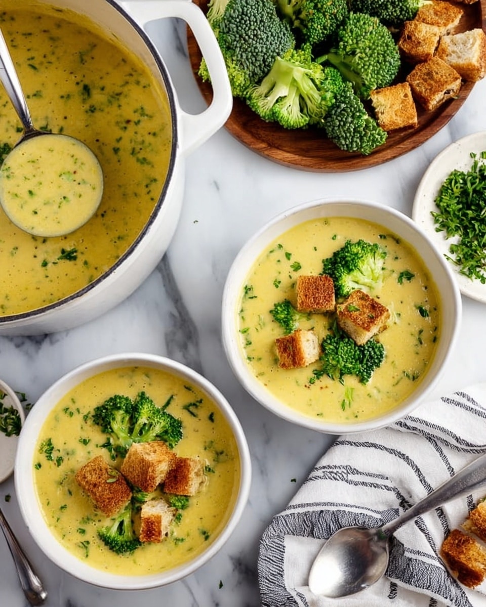 Vegan Broccoli Soup with Crispy Bread Croutons and Herb Garnish Recipe