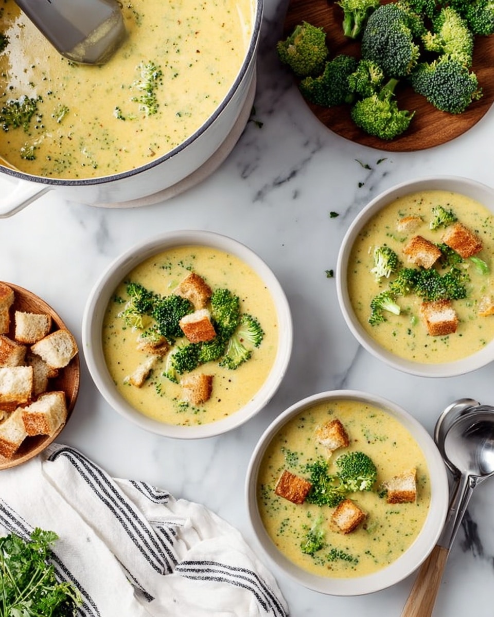 The image shows a creamy yellow soup with green broccoli pieces mixed in, served in three white bowls placed on a white marbled surface. Each bowl contains the soup filled almost to the top, with several bright green broccoli florets and some light brown bread croutons floating on top. A silver spoon rests inside the bowl at the bottom right. To the left, a large pot filled with more of the same soup sits on the surface, with a ladle scooping the soup out. Nearby is a wooden plate holding extra bread cubes and fresh broccoli pieces. A white cloth with black stripes is laid beside the bowls. Photo taken with an iphone --ar 4:5 --v 7