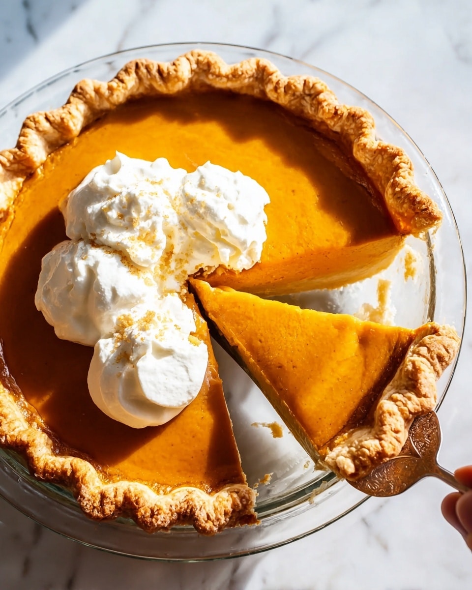 A round pumpkin pie with a light golden-brown crust and a smooth, rich orange filling is placed on a clear glass plate. The pie has one slice removed, showing the thickness of the filling and crust layers. On top of the pie, there are three dollops of white whipped cream with a soft and creamy texture, sitting near the missing slice. The pie is set on a white marbled surface, giving a clean and bright background. Photo taken with an iphone --ar 4:5 --v 7