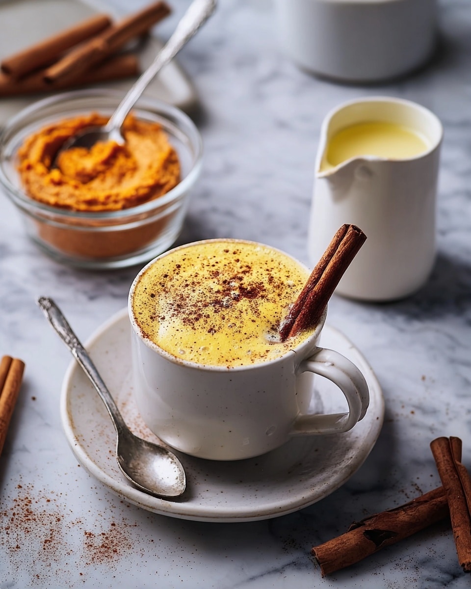 A light beige ceramic cup filled with a creamy yellow drink topped with a fine sprinkle of brown spices, resting on a matching saucer on a white marbled surface. A long cinnamon stick is placed on top of the cup horizontally. A shiny metal spoon is on the saucer beside the cup. Around the cup, there is a clear bowl with a thick orange puree, a small white jug with a yellow liquid, and a few cinnamon sticks scattered on the white marbled texture. photo taken with an iphone --ar 4:5 --v 7