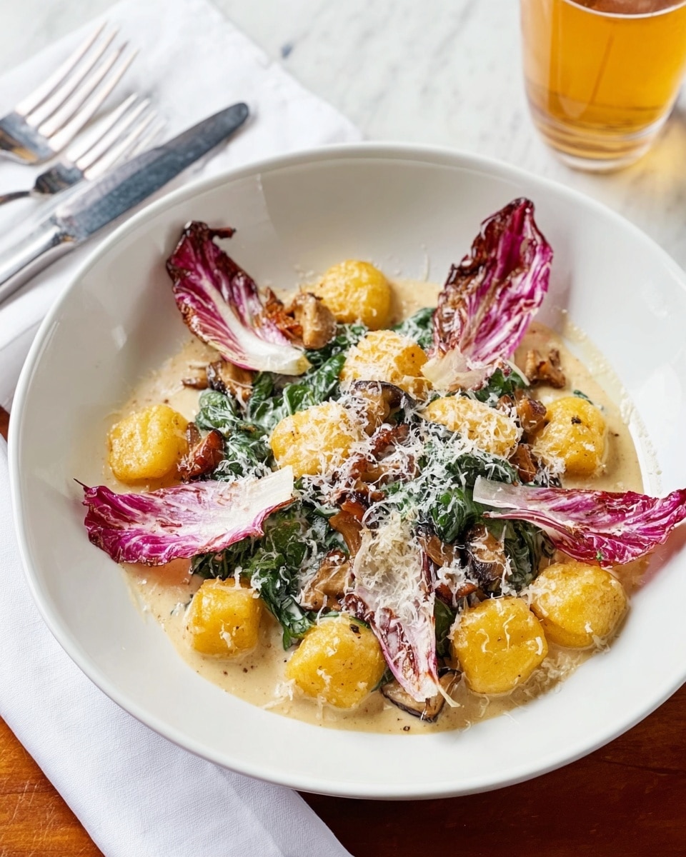 The dish shows a white bowl with a smooth creamy beige sauce spread evenly on the base. There are about eight light golden brown round pieces arranged on top of the sauce. Underneath and around them, there are dark green leafy vegetables slightly peeking out. Scattered in between are a few small crispy brown pieces. On top, four large red and white pointed lettuce leaves are placed in a star-like pattern. The entire dish is lightly dusted with white powdered cheese. The bowl is set on a table with a wooden texture and a glass of light amber liquid is visible in the background. Photo taken with an iphone --ar 4:5 --v 7