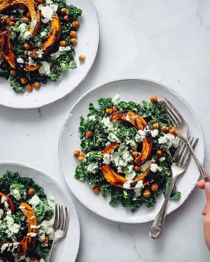 Roast Pumpkin Salad with Spiced Chickpeas, Kale, and Tahini Dressing Recipe