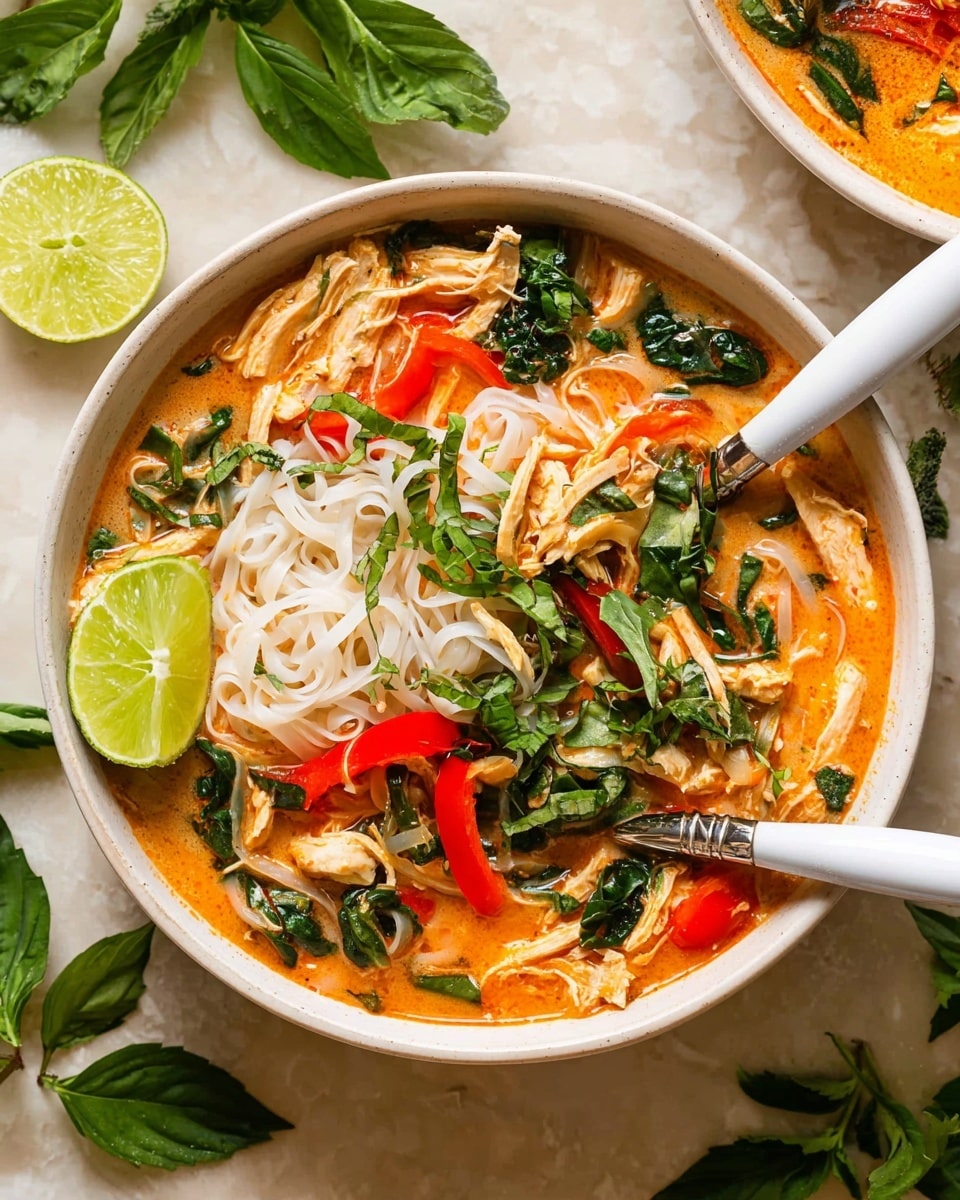 A white bowl filled with three main layers: the bottom layer is an orange creamy broth, the middle layer has white rice noodles mixed with shredded light brown chicken and dark green spinach leaves, and the top layer includes bright red bell pepper slices, fresh green herbs like basil and cilantro, and a lime wedge resting on the side. Two white-handled utensils lie across the bowl, one spoon and one fork, lightly touching the noodles and chicken. The bowl is set on a white marbled surface with green herb leaves scattered around photo taken with an iphone --ar 4:5 --v 7