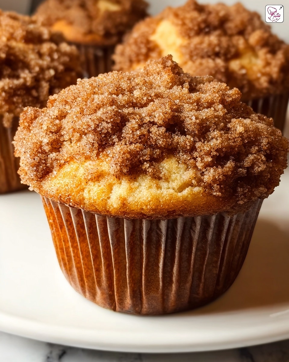 The image shows a close-up of golden brown muffins with a crumbly topping that looks crunchy and sugar-coated. Each muffin has a rough, uneven surface on top with a mix of light and dark brown specks from the sugar and cinnamon. The sides of the muffins are smooth and darker brown, with the paper liner ridged around the base. The muffins are placed on a white plate with a white marbled surface beneath. The lighting highlights the texture and color contrast of the muffin top, making them look warm and fresh. photo taken with an iphone --ar 4:5 --v 7