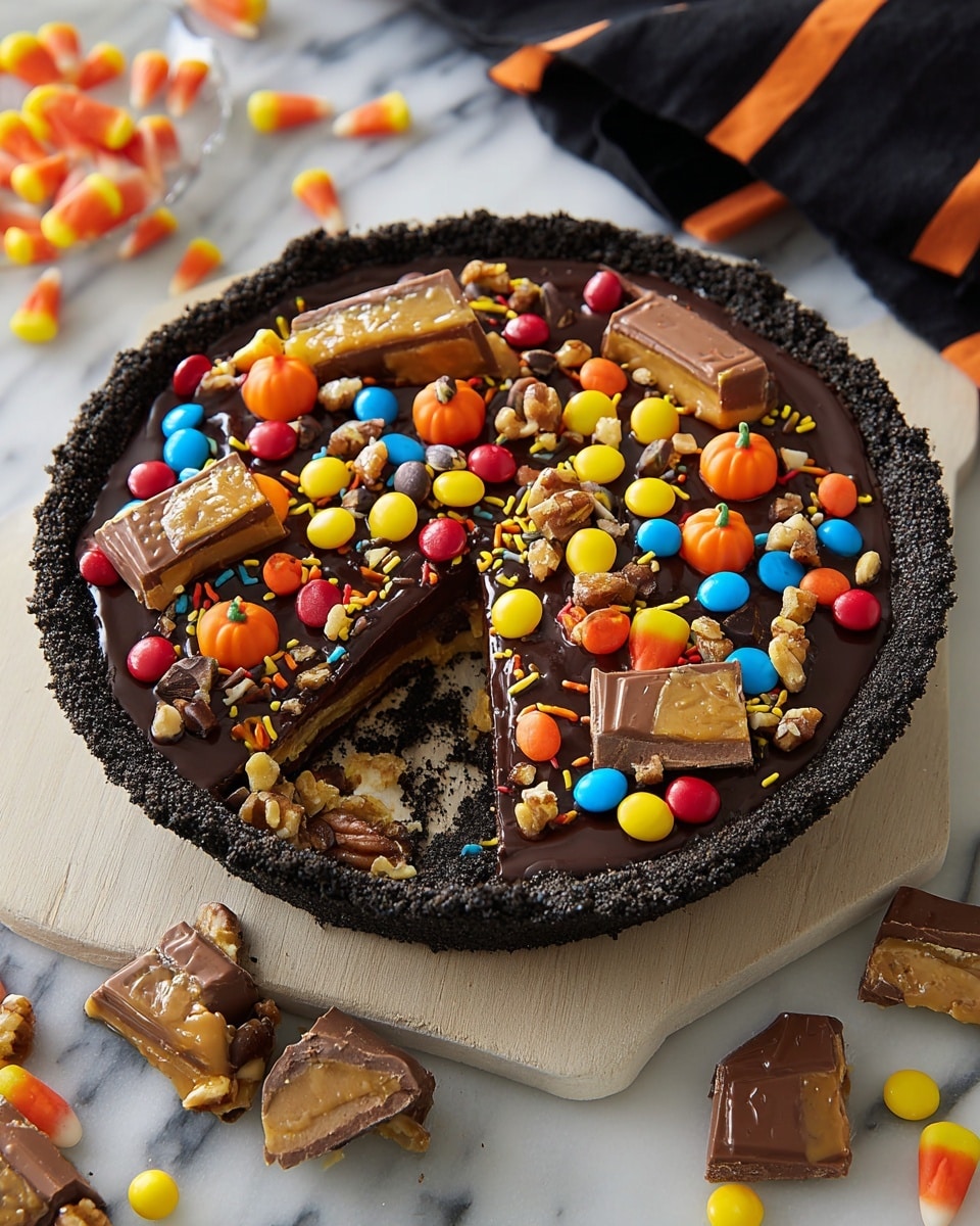 A chocolate tart with a thick, dark brown crust, filled with a glossy, rich dark chocolate layer. The top is decorated with colorful candy pieces in orange, yellow, red, blue, and green, including small pumpkin shapes, candy corns, and various nuts covered in chocolate. There are also larger chunks of chocolate bars and candy scattered on top. One slice is partially pulled out, showing the smooth chocolate layer inside. The tart sits on a surface with a white marbled texture. Photo taken with an iphone --ar 4:5 --v 7