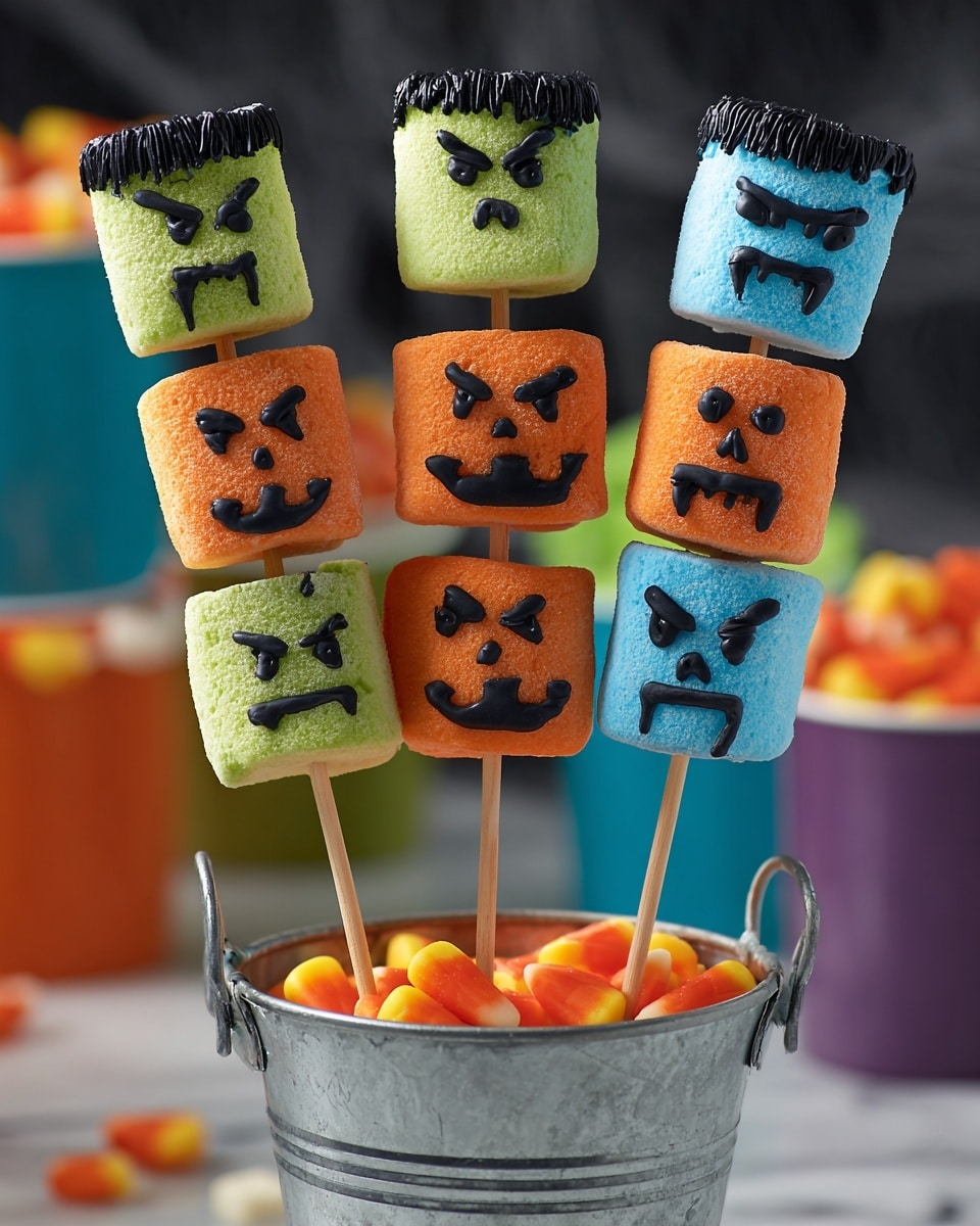 The image shows five marshmallow skewers standing inside a small metal bucket filled with bright orange candy balls. Each skewer has three marshmallows stacked vertically: the top marshmallow is light green with black icing to look like hair and a serious face, the middle marshmallow is orange with a jack-o-lantern face made of black icing, and the bottom marshmallow is blue with a scary vampire face drawn in black icing and black icing on top. The bucket is wrapped with black string, and the background has a white marbled surface with blurred colorful cups and bowls. photo taken with an iphone --ar 4:5 --v 7