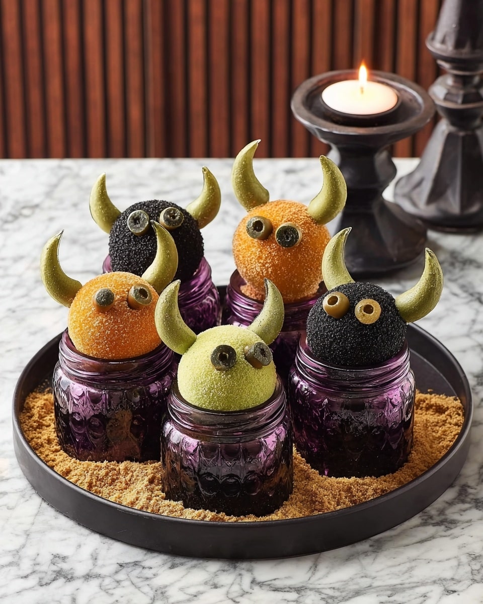 A round black tray holds eight small, round balls that look like little animals with big curved green horns made from flat crispy pieces. Four balls are golden brown and crumbly, and four are black with a rough texture. Each ball has two small green olive slices on top to look like eyes. The balls are placed on broken crumb-like pieces scattered over the tray. Some balls sit on top of small round jars, three are purple glass jars with a shiny pink glow inside, and the rest are matte black jars with lids. The tray sits on a polka-dot orange cloth with a black candle holder and white candle behind it. photo taken with an iphone --ar 4:5 --v 7
