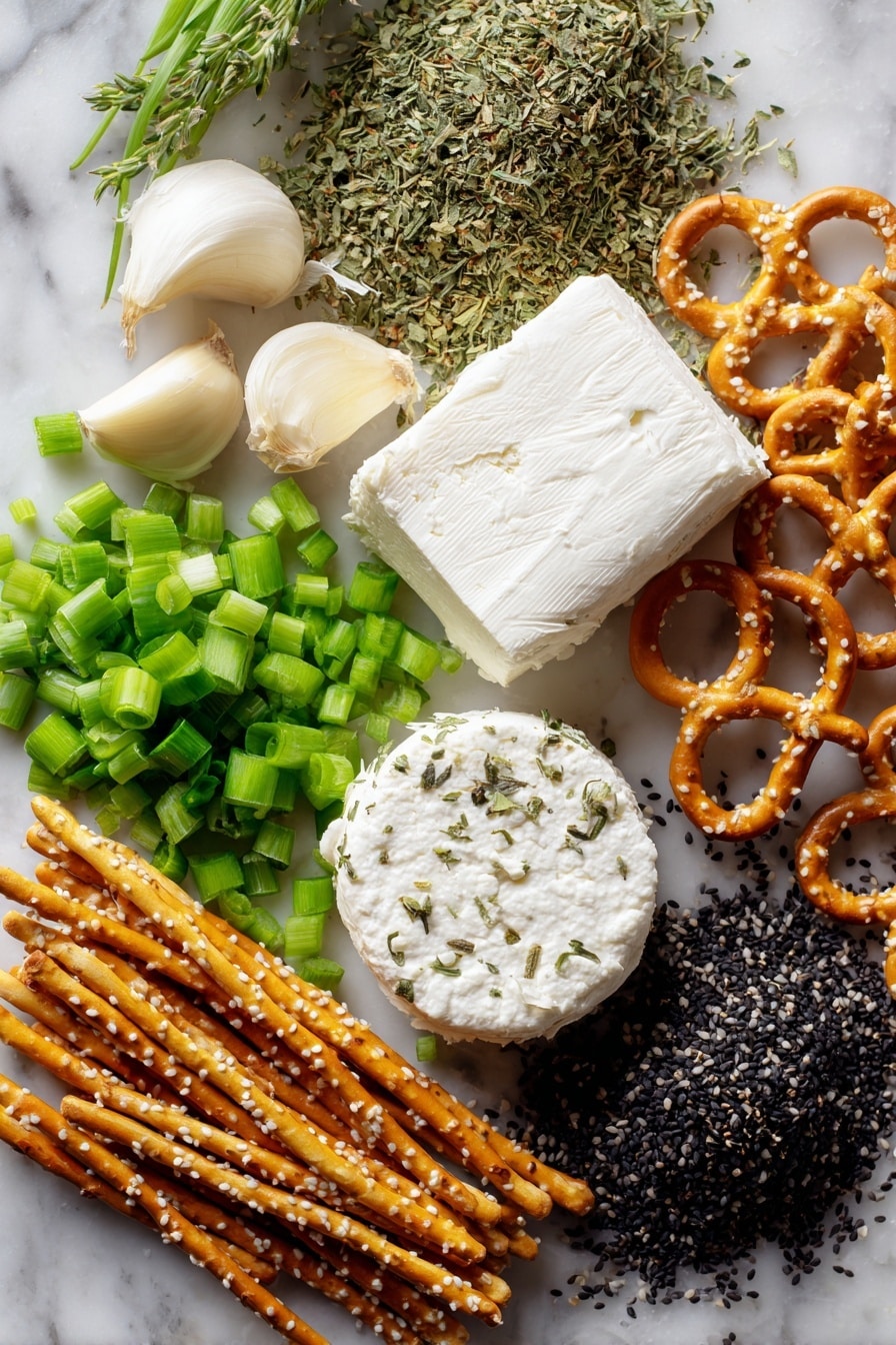 Flat lay of two blocks of creamy white cream cheese, a small wheel of soft goat cheese with a delicate rind, bright green chopped scallions with crisp texture, several peeled garlic cloves showing smooth, pale ivory surfaces, a small pile of dried greenish dill weed, scattered dried oregano leaves in muted green hues, a neat heap of shiny black sesame seeds with a glossy texture, and a bundle of golden pretzel sticks with a crunchy, twisted texture, all beautifully arranged in natural clusters and gentle overlaps, placed on white marbled surface, photo taken with an iphone --ar 2:3 --v 7 - Spider Cheeseballs for Halloween, Halloween appetizer ideas, spooky party snacks, festive cheese ball recipes, Halloween party finger foods