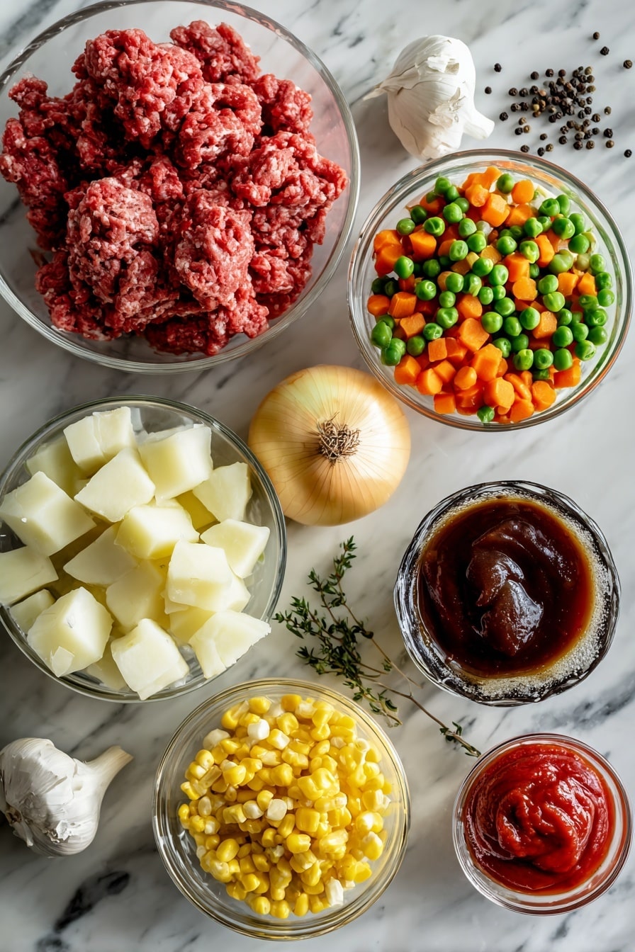 Flat lay of fresh ground beef with rich deep red color, peeled and chopped russet potatoes in creamy off-white chunks, a small yellow onion with bright golden skin and diced pieces, two cloves of garlic with papery white skin and minced bits, vibrant frozen mixed vegetables showing green peas, orange carrot slices, and yellow corn kernels, smooth dollops of bright red tomato paste, a small glass bowl of dark Worcestershire sauce, and whole black peppercorns scattered naturally, all arranged with a balanced mix of textures and colors, placed on white marbled surface, photo taken with an iphone --ar 2:3 --v 7 - Creepy Shepherd’s Pie, Ghost Potatoes, Halloween Shepherd’s Pie, Spooky Dinner Ideas, Ghost-Shaped Mashed Potatoes