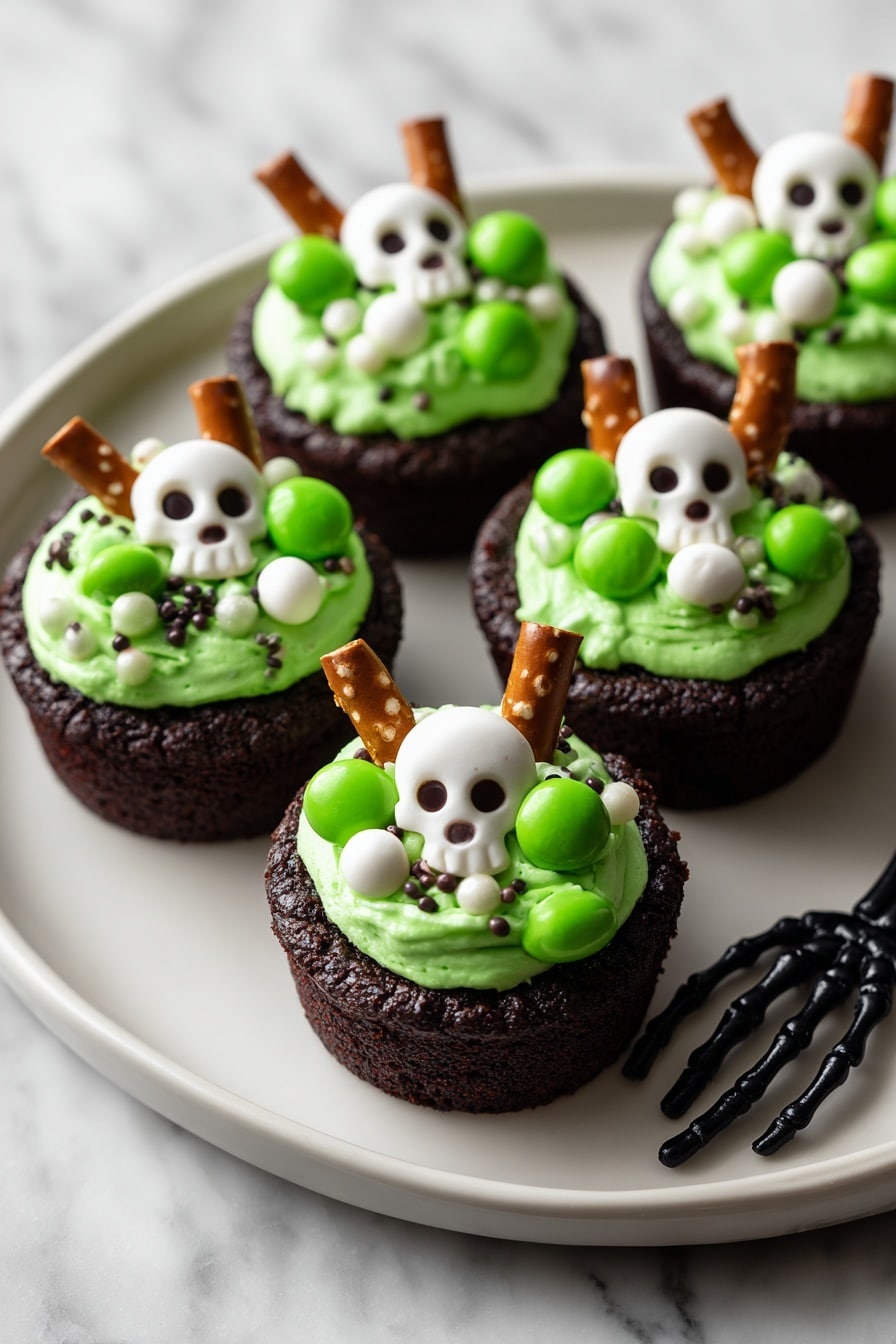 The image shows five dark brown chocolate cookie cups on a black plate, each filled with a smooth, bright green frosting that forms a rounded mound. On top of the green frosting, there are small white candy skulls, white dots, and small green round candies scattered unevenly. Each cookie cup has a single small pretzel stick standing upright in the frosting. The plate sits on a white marbled surface with some black plastic skeleton fingers partly visible at the bottom right corner. In the blurred background, there are green and black bottles and a black and white striped ball. photo taken with an iphone --ar 2:3 --v 7 - Cauldron Cookie Cups, Halloween cookie treats, chocolate cookie cups, festive dessert ideas, spooky party desserts