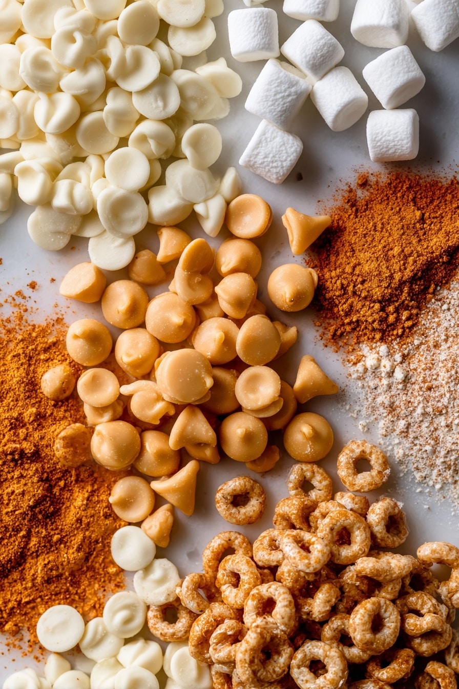 Flat lay of golden butterscotch chips with a smooth, shiny surface, creamy white miniature marshmallows in soft puffs, deep orange pumpkin pie spice powder sprinkled lightly, warm light brown cinnamon powder, crunchy Pumpkin Spice Cheerios with a mix of orange, brown, and beige hues, and glossy white chocolate chips with a smooth texture, all naturally arranged with gentle overlaps and small clusters, placed on white marbled surface, photo taken with an iphone --ar 2:3 --v 7 - Butterscotch Pumpkin Cheerio Treat Bars, fall snack recipes, pumpkin spice treats, no-bake fall bars, holiday dessert bars