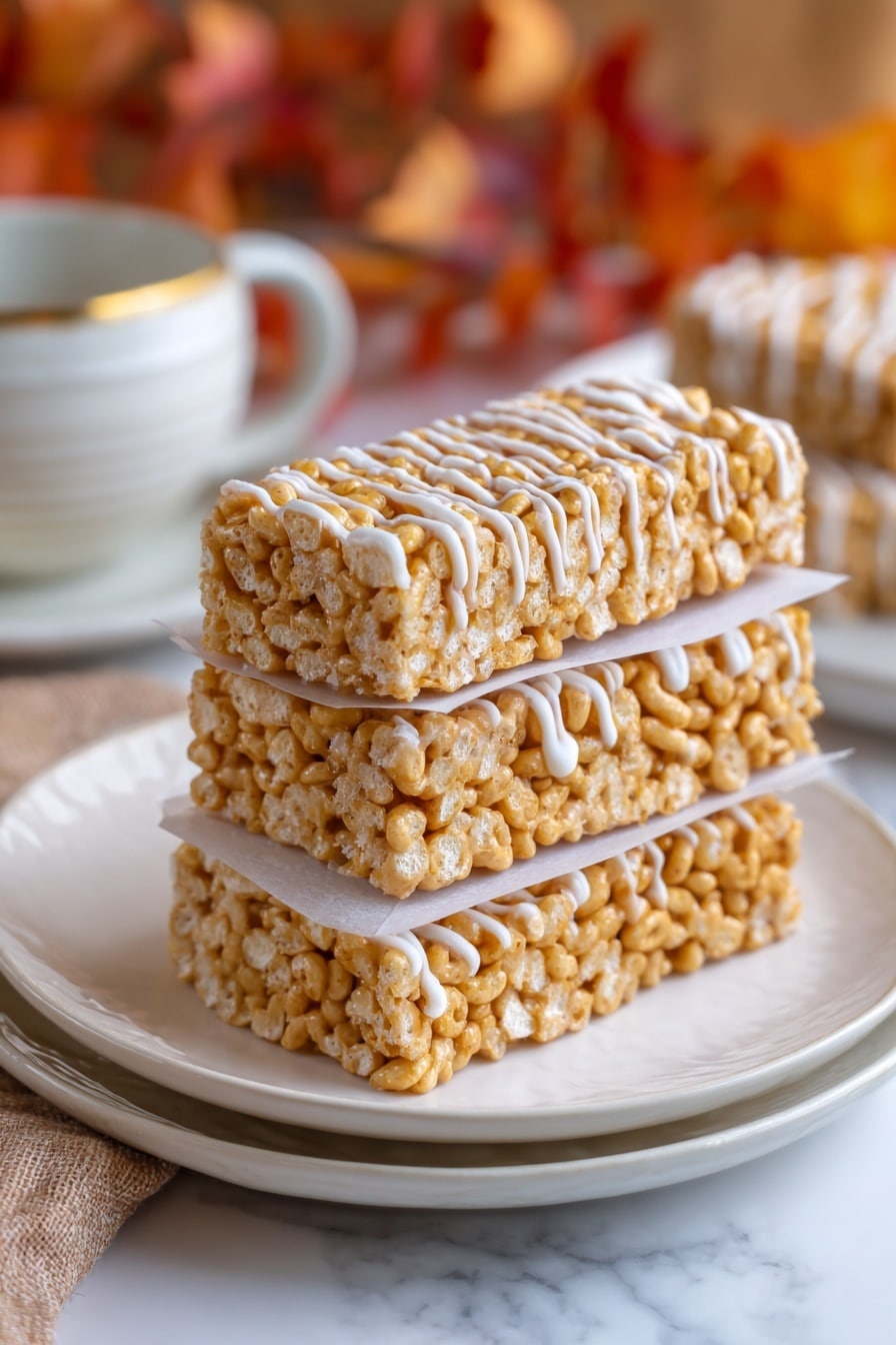 The image shows three rectangular pieces of crispy cereal bars stacked on top of each other, each separated by thin sheets of parchment paper. The bars have a light tan color from the cereal and a caramel-like coating binding the pieces together. The top layer is decorated with white drizzle sauce, adding a textured pattern. The cereal pieces are puffed and porous, giving a crunchy look. The stack is placed on a set of white plates on a white marbled surface. In the blurry background, warm copper tones create a cozy atmosphere. photo taken with an iphone --ar 2:3 --v 7 - Butterscotch Pumpkin Cheerio Treat Bars, fall snack recipes, pumpkin spice treats, no-bake fall bars, holiday dessert bars
