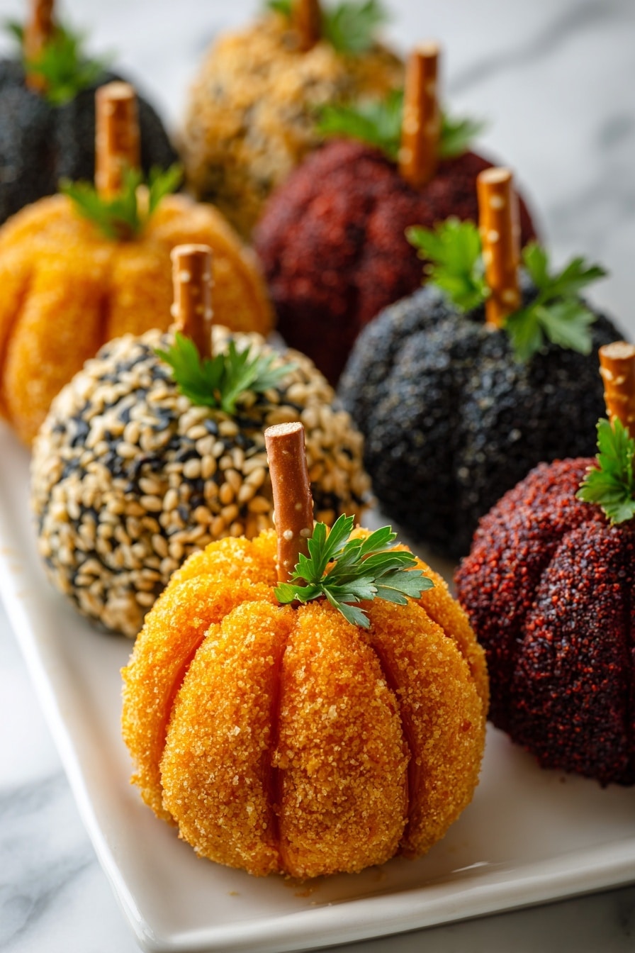 The image shows small round balls shaped like pumpkins, each with a textured outer layer of different colors and coatings. In the front center, there is a bright orange ball covered with a crumbly coating, featuring grooves to look like pumpkin segments, topped with a small pretzel stick as the stem and a green parsley leaf on the side. Surrounding it are other similar pumpkin balls coated in a dark red powder, black and white sesame seeds, and another coat of small crumbs in orange and black shades. They are arranged neatly in rows on a white rectangular plate that sits on a white marbled surface. The photo taken with an iphone --ar 2:3 --v 7 - Mini Pumpkin Cheese Balls, fall appetizer ideas, cheesy pumpkin snacks, festive holiday appetizers, easy pumpkin party treats