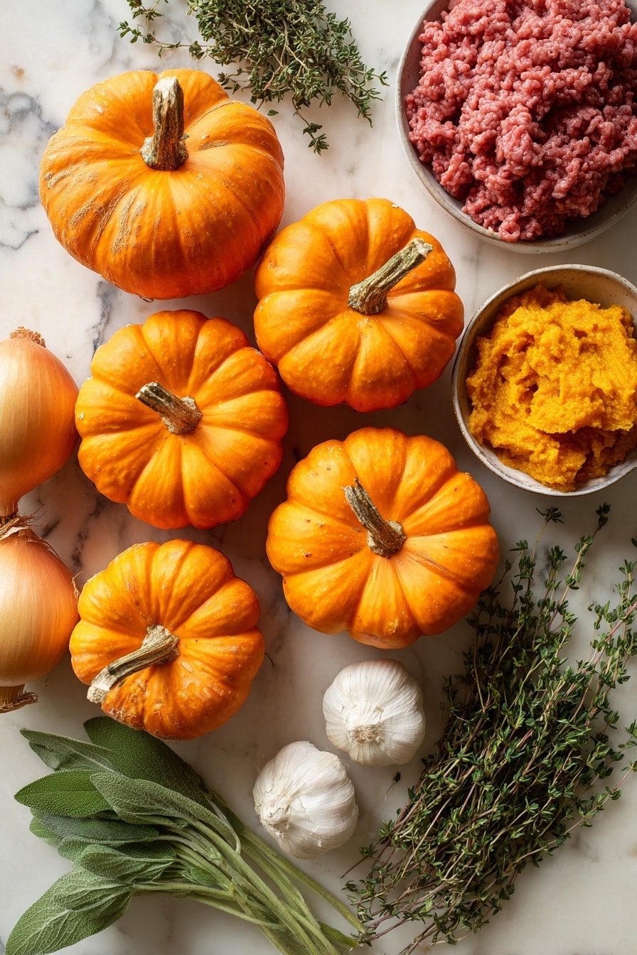 Flat lay of vibrant orange mini pumpkins with smooth skins and green stems, a heap of rich red ground beef, a small bowl of bright golden pumpkin puree, a large yellow onion with papery outer layers partially peeled, two garlic cloves showing off their white, slightly textured skins, fresh green thyme sprigs, oregano leaves, and chopped sage with soft velvety texture, all naturally arranged in a loose, organic pattern with warm colors contrasting against fresh herbs, placed on white marbled surface, photo taken with an iphone --ar 2:3 --v 7 - Stuffed Mini Pumpkins with Savory Ground Beef, Mini Pumpkin Stuffed with Meat and Pumpkin, Autumn Pumpkin Appetizer Ideas, Savory Pumpkin Stuffed Shells, Fall Holiday Pumpkin Dishes