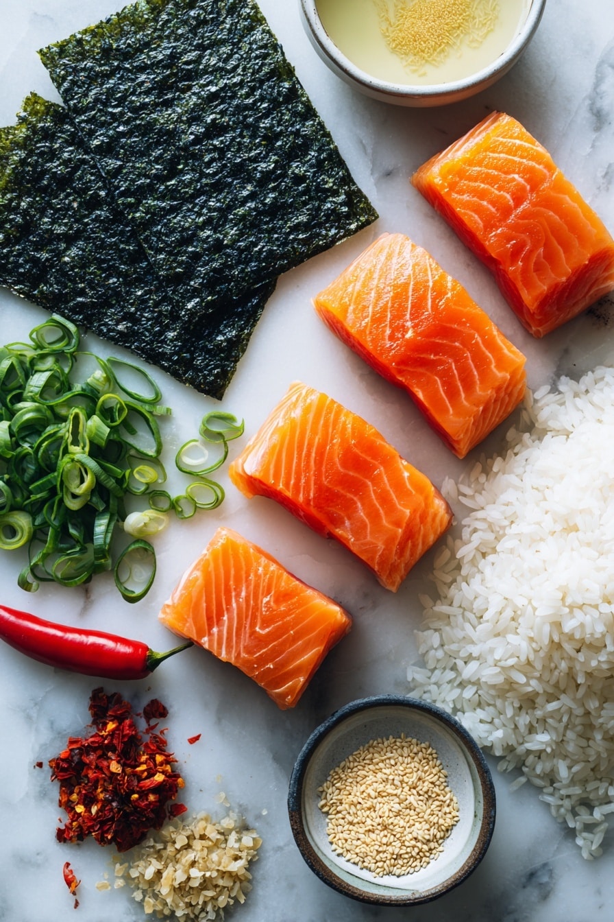 Flat lay of vibrant cubed fresh salmon with its rich orange-pink color and smooth texture, glossy dark green nori seaweed sheets cut into neat rectangles, fluffy white sushi rice with a slightly sticky sheen, bright green sliced green onions scattered delicately, small piles of toasted sesame seeds and colorful furikake flakes, a small mound of pale yellow rice vinegar with a glassy surface, and a fresh red chili pepper hinting at spiciness, all beautifully arranged with natural spacing and balance, placed on white marbled surface, photo taken with an iphone --ar 2:3 --v 7 - Easy Baked Salmon Sushi Cups, baked sushi cups, salmon sushi appetizer, sushi cup recipes, quick salmon sushi bites