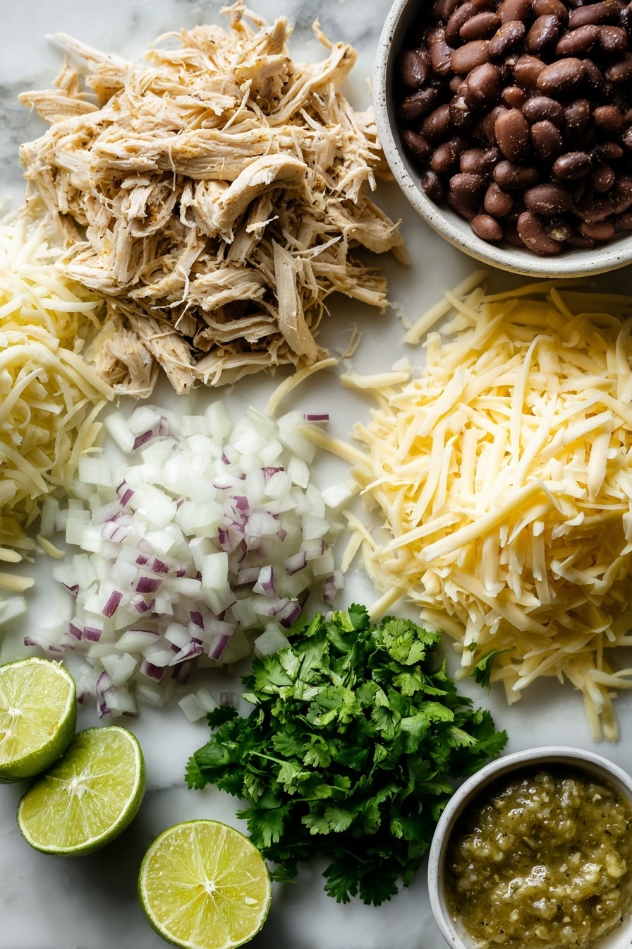 Flat lay of shredded rotisserie chicken with warm golden tones, diced sweet onion in soft white and purple hues, vibrant green salsa verde with a slightly chunky texture, creamy shredded Monterey Jack cheese with off-white strands, stringy Oaxaca cheese in pale yellow, a fresh lime cut in half showing bright green flesh, rich and smooth refried beans in earthy brown, and a handful of bright green chopped cilantro leaves, all naturally arranged with some overlapping and small piles to show texture and freshness, placed on white marbled surface, photo taken with an iphone --ar 2:3 --v 7 - Chicken Chimichangas, Best Chicken Chimichangas, Crispy Chicken Chimichangas, Mexican Chicken Chimichangas, Easy Chicken Chimichangas