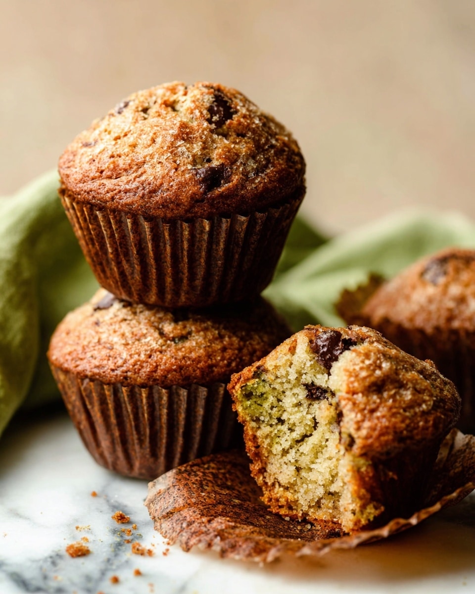 A close-up of four chocolate chip muffins with a rough, golden-brown top crust and visible dark chocolate chunks melted inside. One muffin is open, showing a soft, moist inside with melted chocolate bits in the middle layer. The muffins rest in brown paper liners with some crumbs around them. A green cloth is slightly visible in the background on a white marbled surface. The photo taken with an iphone --ar 4:5 --v 7