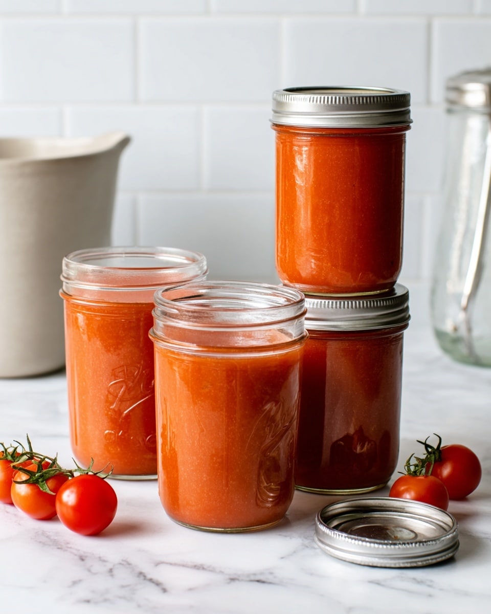 The image shows three clear glass jars filled with thick, smooth red tomato sauce. Two jars are placed side by side on a white marbled surface, and one jar is stacked on top of the jar on the right. The jar caps are silver; one cap is removed and lying in front of the jars. Around the jars, several small, bright red cherry tomatoes with green stems are scattered. In the background, there is a large white pot and a tiled white wall, creating a clean kitchen setting. Photo taken with an iphone --ar 4:5 --v 7