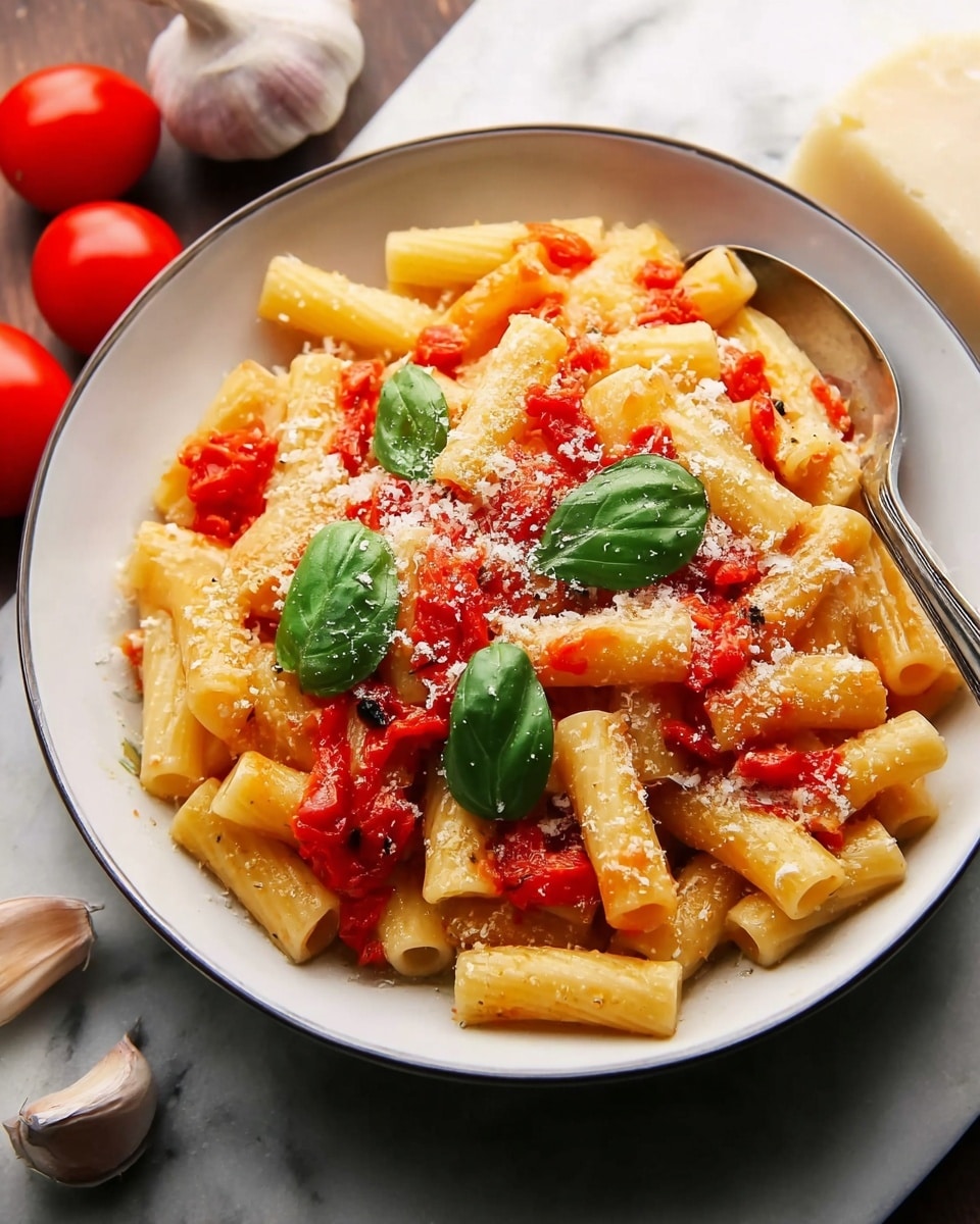 This image shows a white bowl filled with cooked tube-shaped pasta, which is light yellow and soft in texture, mixed with bright red tomato sauce pieces spread on top and throughout. There are fresh green basil leaves placed on the pasta, adding contrast in color. The dish is lightly sprinkled with grated white cheese. The bowl sits on a white marbled surface with some whole red cherry tomatoes and a bulb of garlic in the background. Photo taken with an iphone --ar 4:5 --v 7