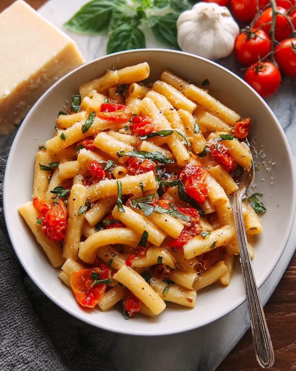 A white bowl filled with short tubular pasta mixed with bright red tomato pieces and small green basil leaves. The pasta is light golden with a soft texture, and you can see chopped fresh herbs scattered throughout. The bowl is placed on a white marbled surface with a block of hard cheese, fresh basil, cherry tomatoes, and a garlic bulb in the background. A spoon is resting inside the pasta on the right side, slightly submerged in the sauce, photo taken with an iphone --ar 4:5 --v 7